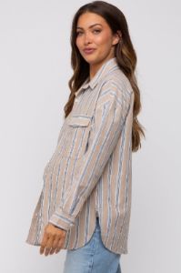 Taupe Striped Button Up Maternity Top sold by Pinkblush