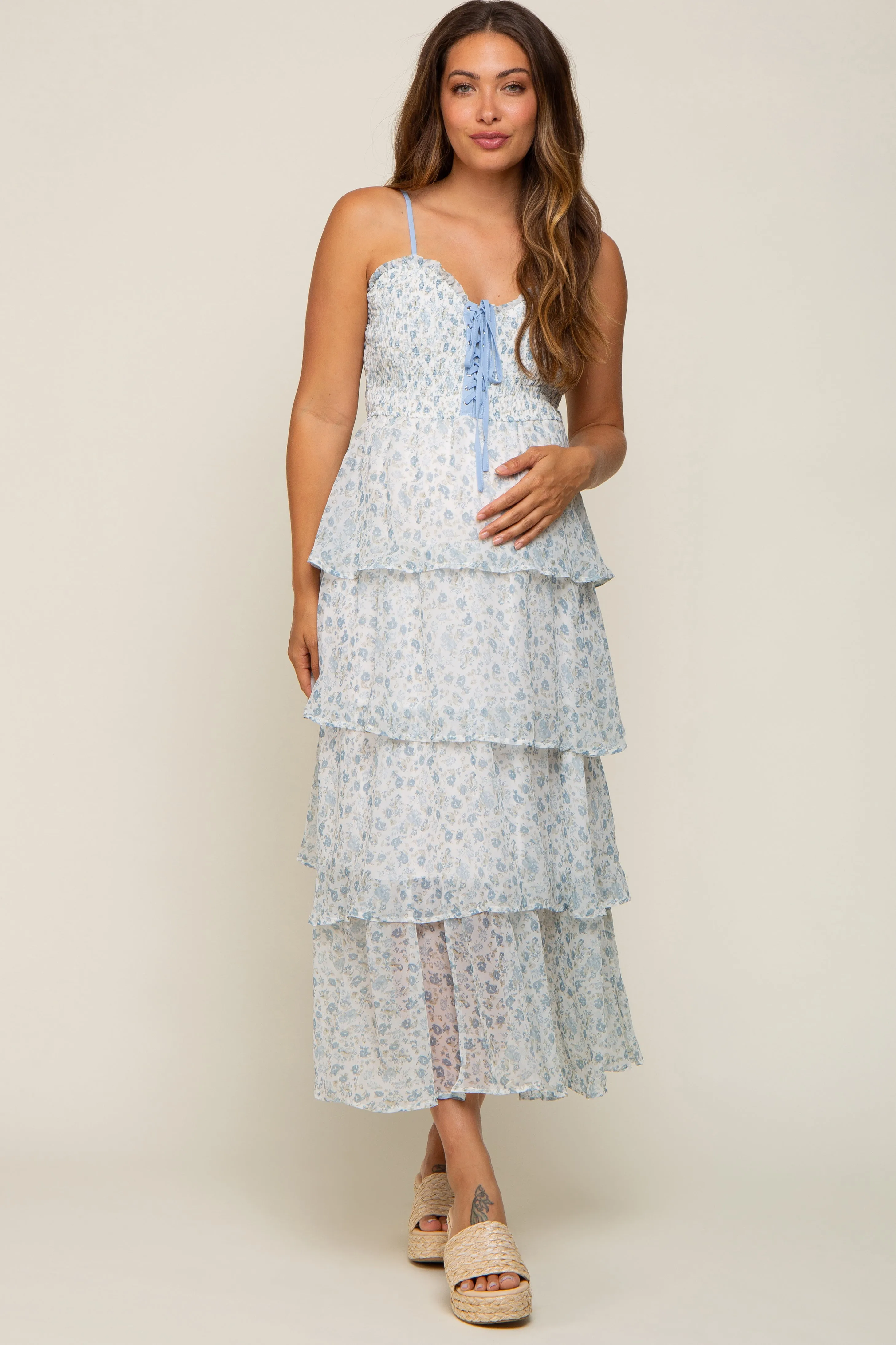Light Blue Floral Sleeveless Tiered Maternity Maxi Dress sold by Pinkblush product image thumbnail 4