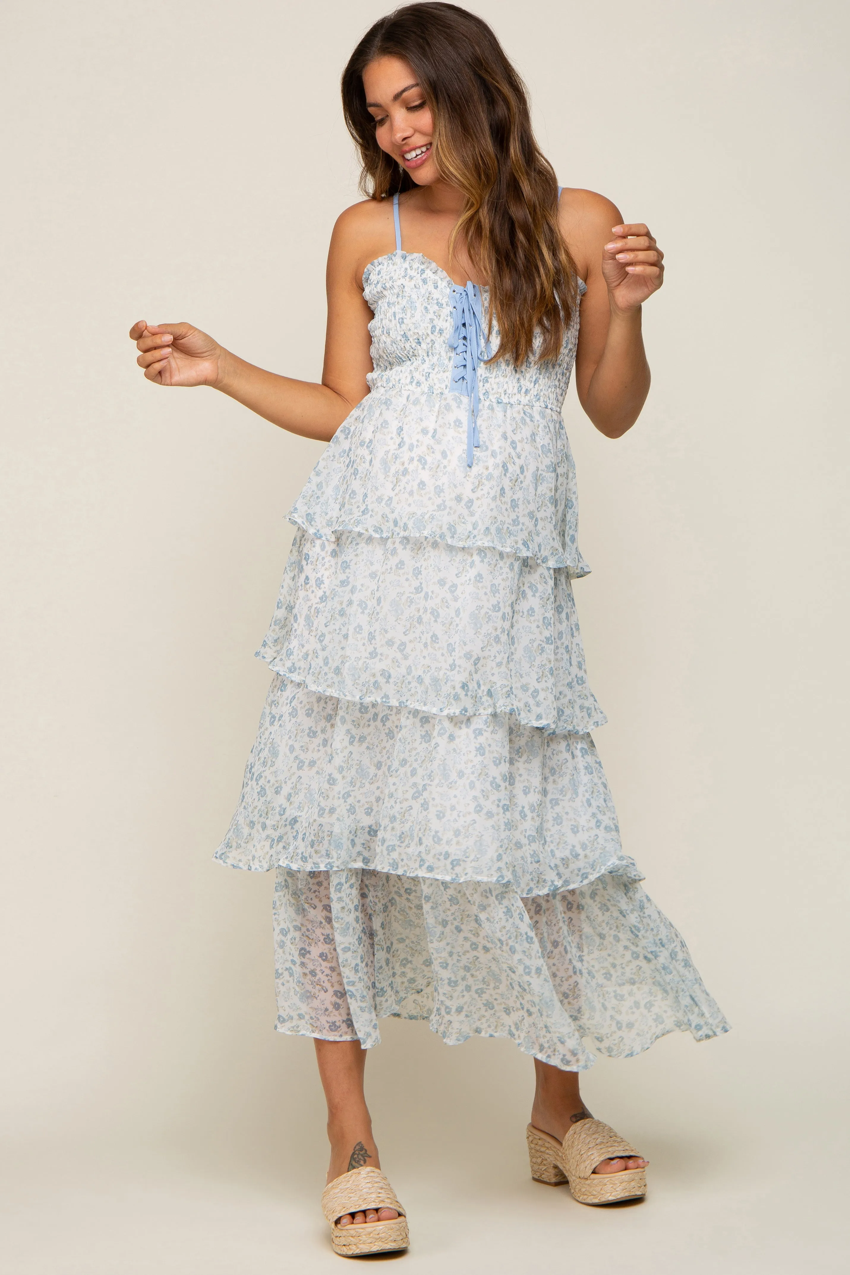 Light Blue Floral Sleeveless Tiered Maternity Maxi Dress sold by Pinkblush