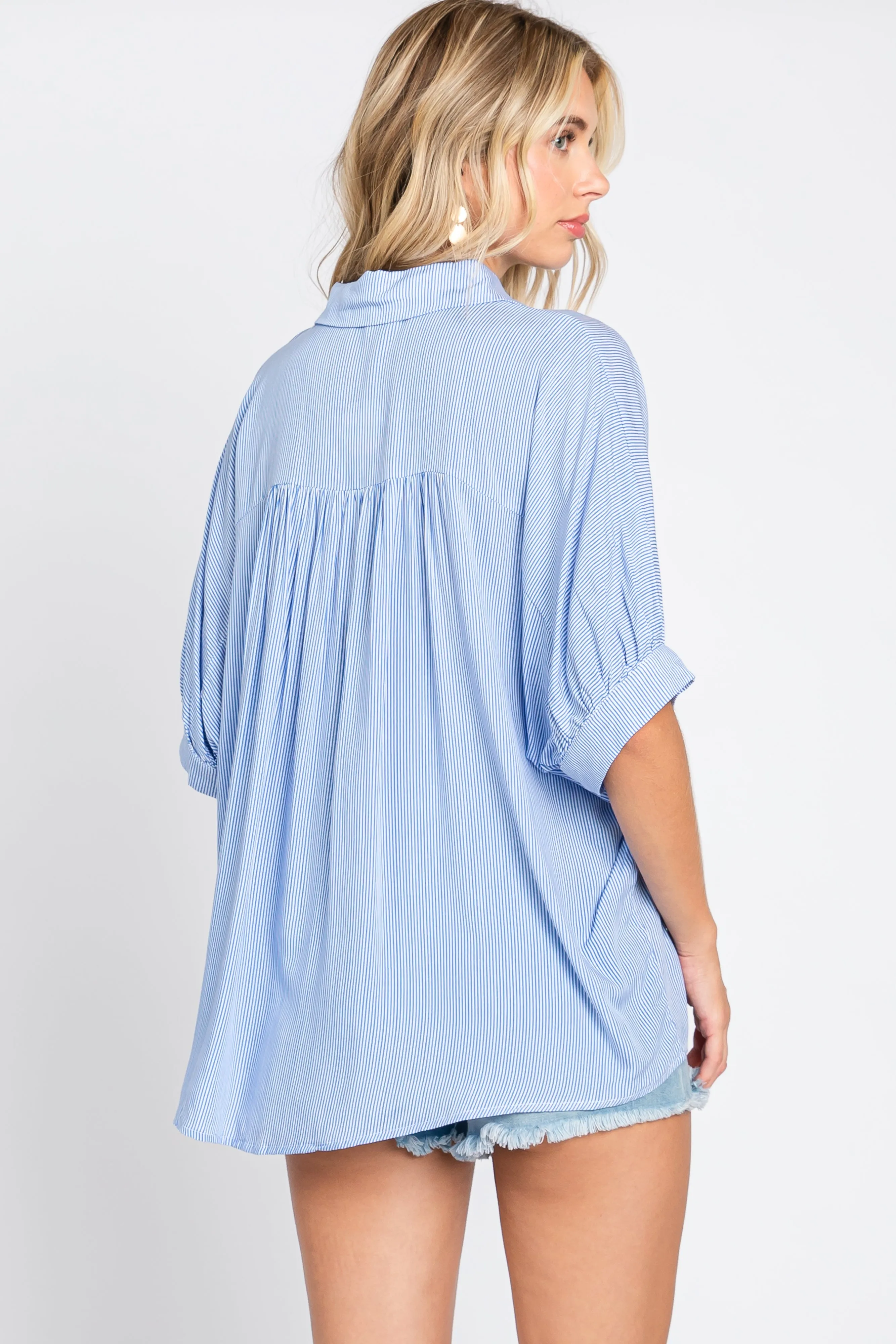 Blue Striped Button Front Collared Short Sleeve Top sold by Pinkblush product image thumbnail 3