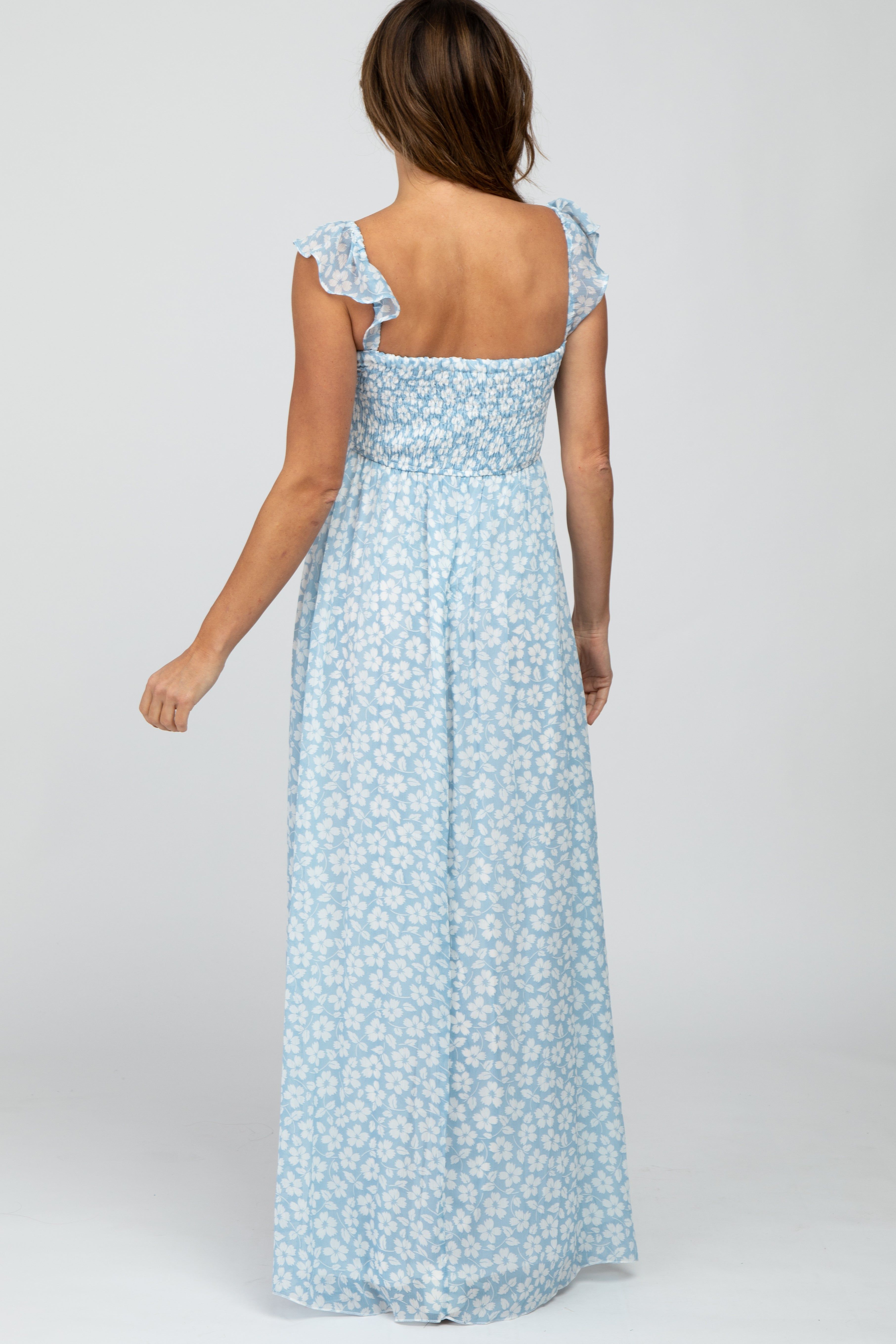 Light Blue Floral Chiffon Sweetheart Neck Off Shoulder Maxi Dress sold by Pinkblush product image thumbnail 3