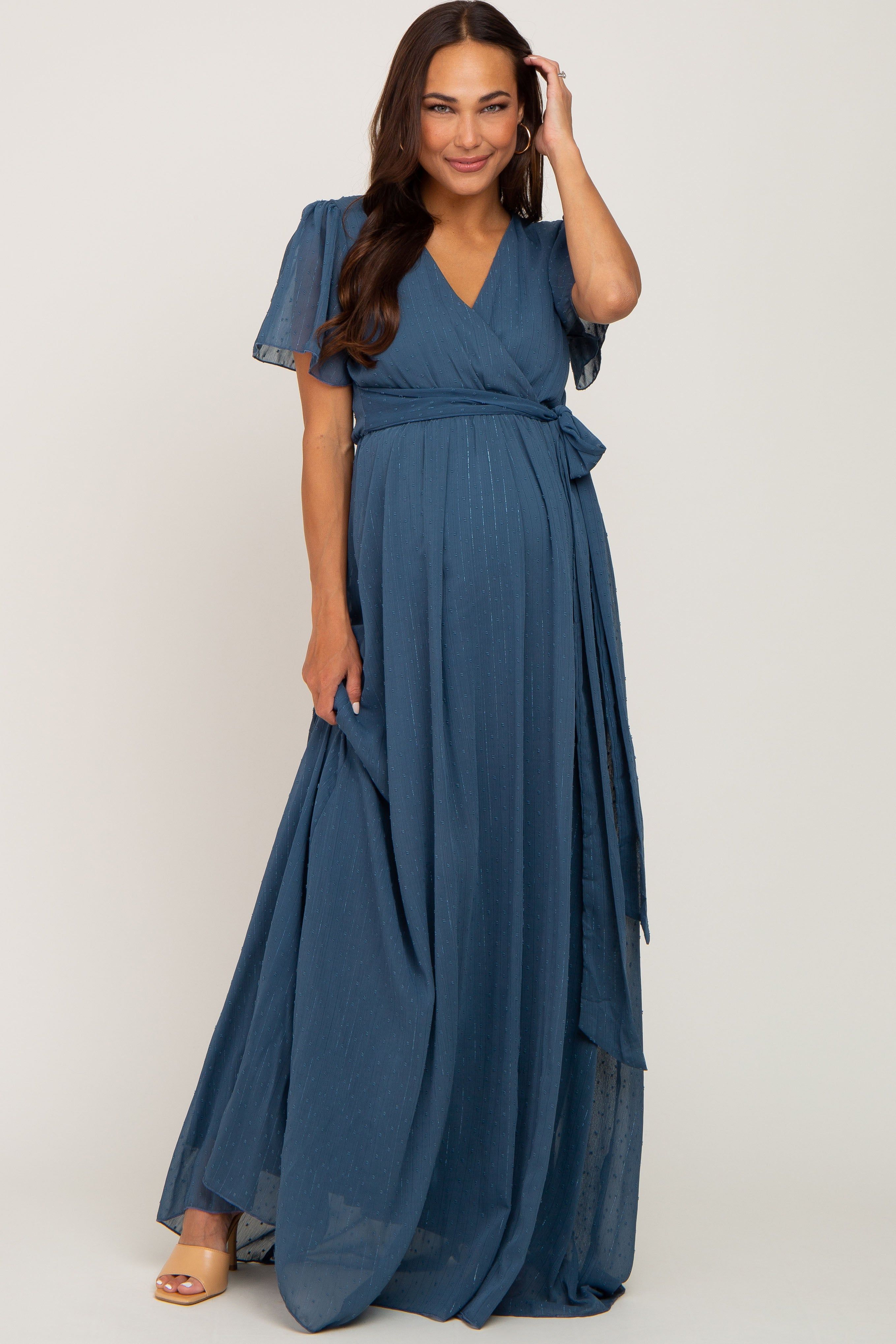 Teal Swiss Dot Chiffon Maternity Maxi Dress sold by Pinkblush product image thumbnail 4