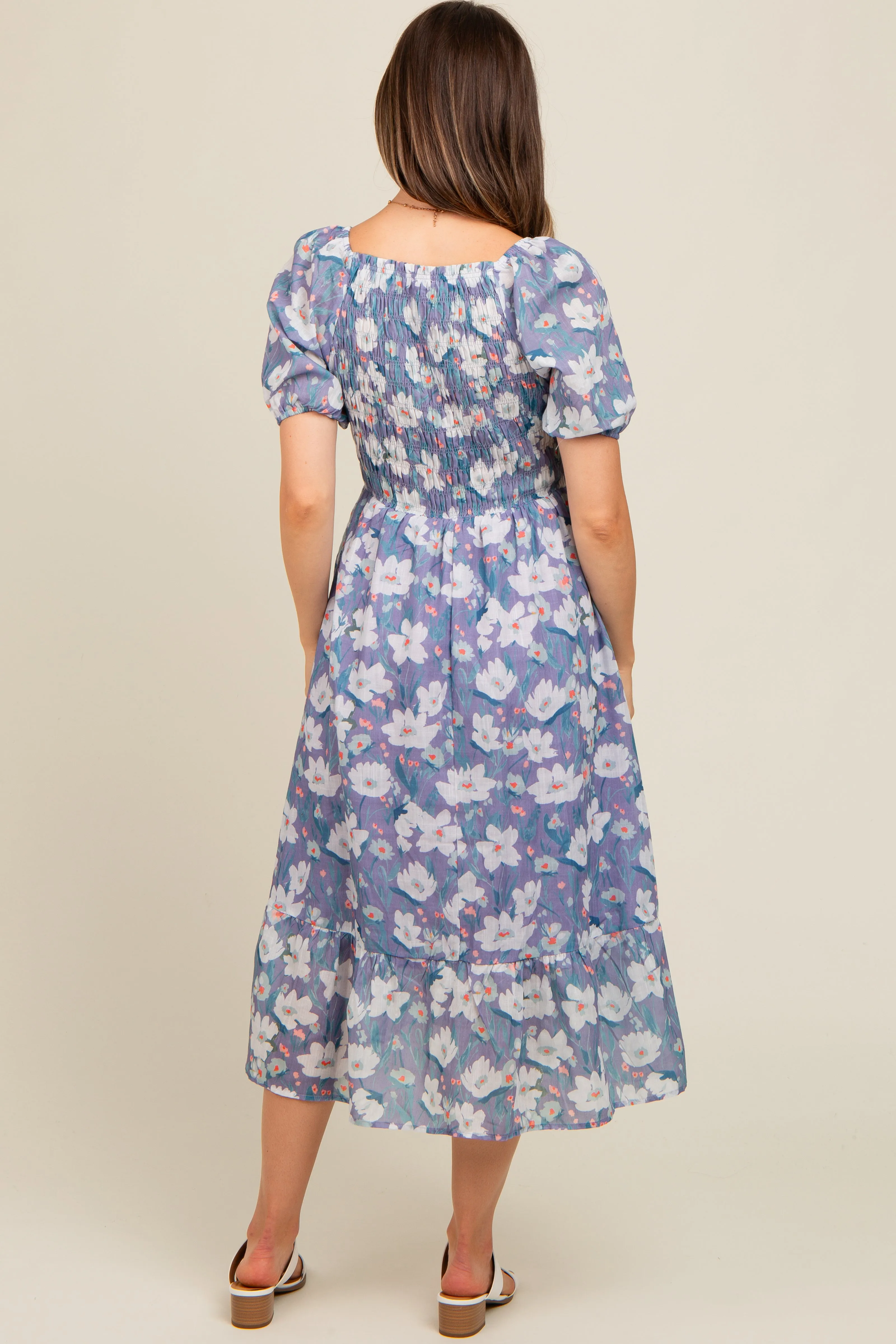 Periwinkle Floral Smocked Maternity Midi Dress sold by Pinkblush product image thumbnail 4