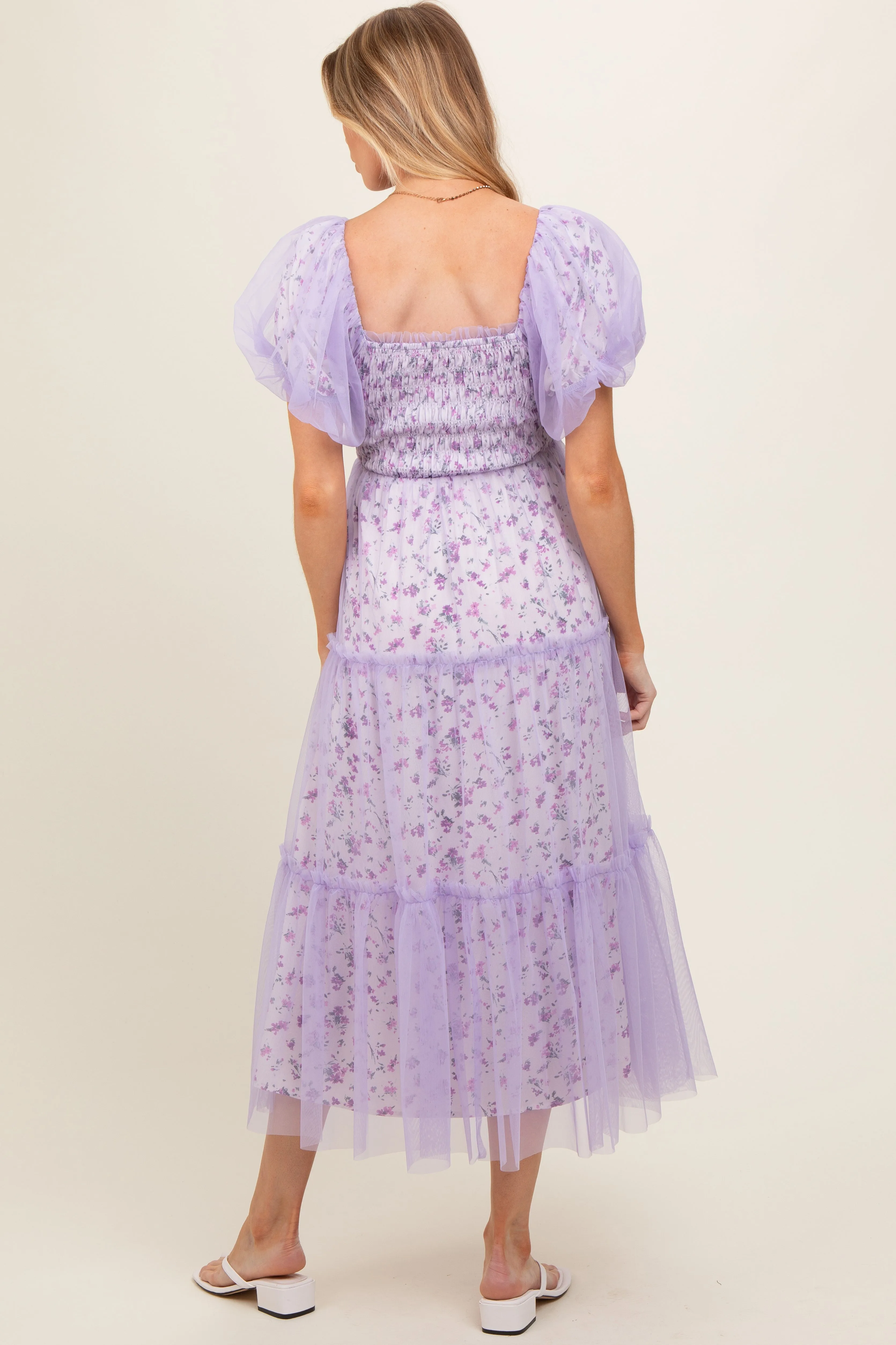 Lavender Floral Lined Smocked Tulle Maternity Midi Dress sold by Pinkblush product image thumbnail 4