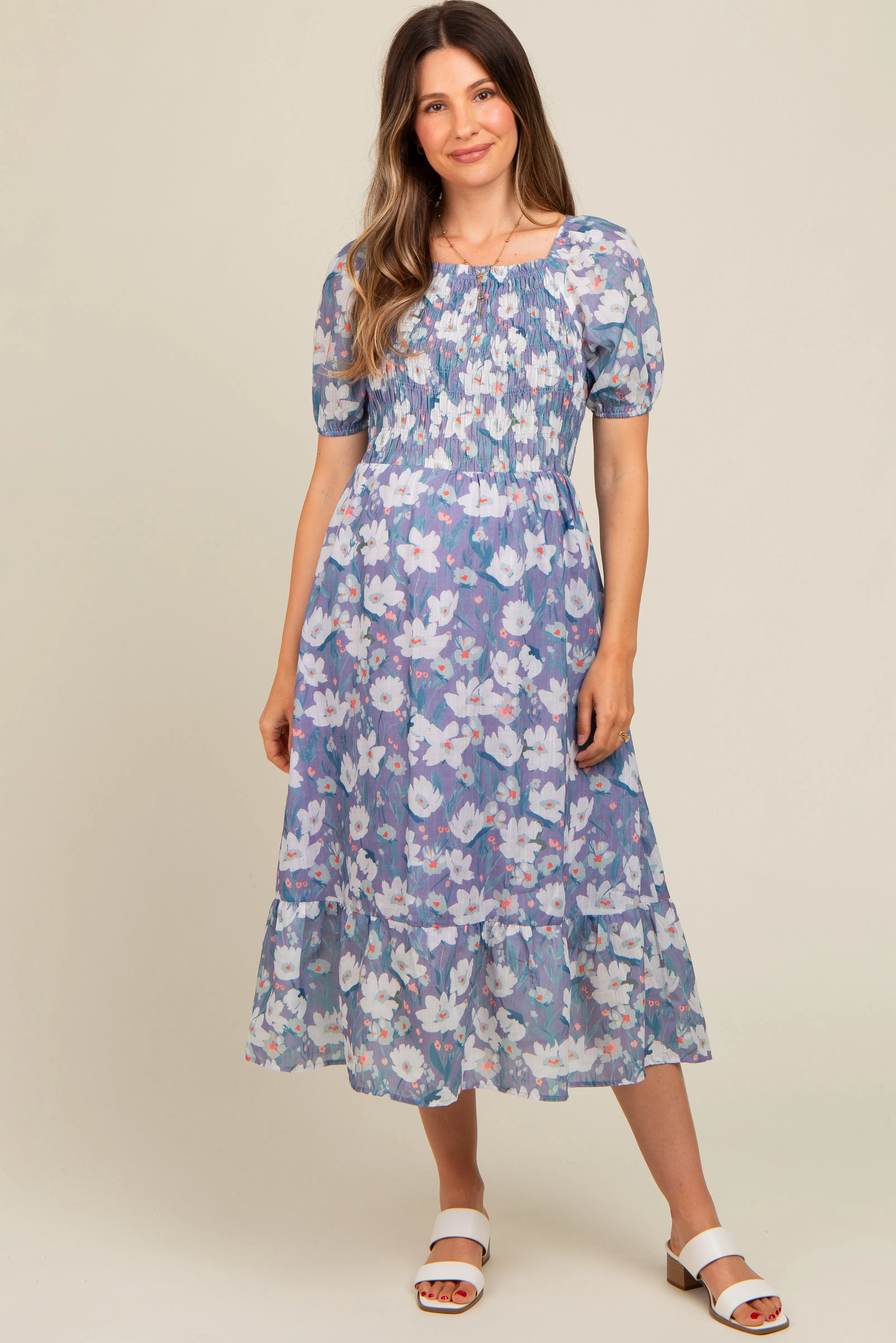 Periwinkle Floral Smocked Maternity Midi Dress sold by Pinkblush