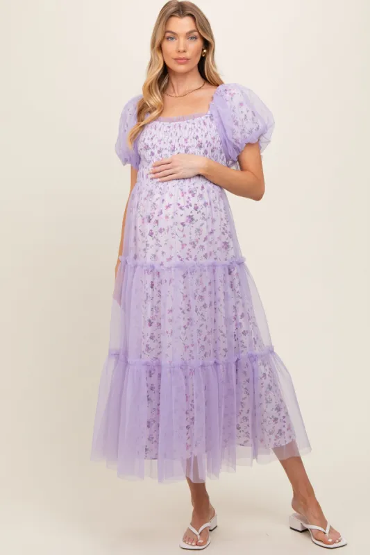 Lavender Floral Lined Smocked Tulle Maternity Midi Dress sold by Pinkblush