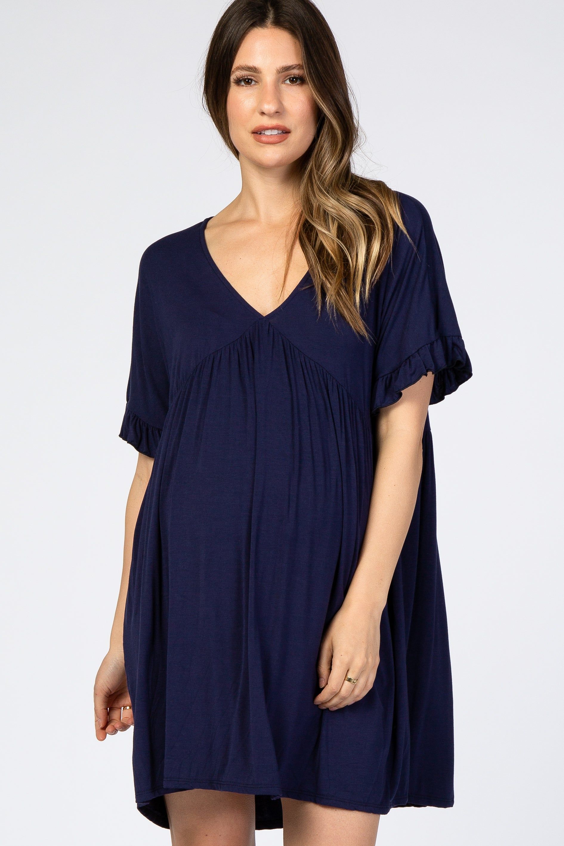 Navy Ruffle Sleeve Baby Doll Maternity Dress sold by Pinkblush product image thumbnail 4