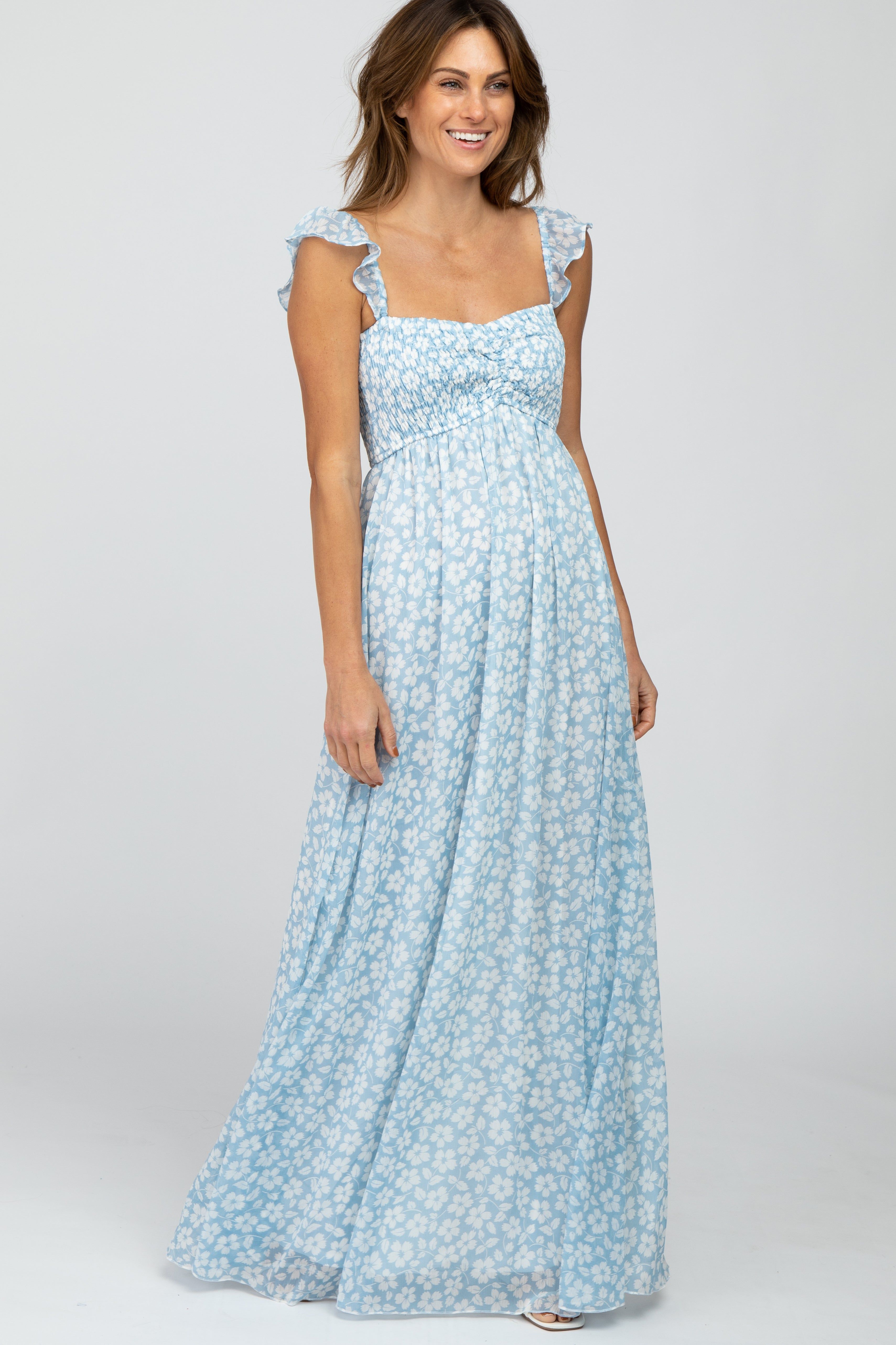 Light Blue Floral Chiffon Sweetheart Neck Off Shoulder Maxi Dress sold by Pinkblush