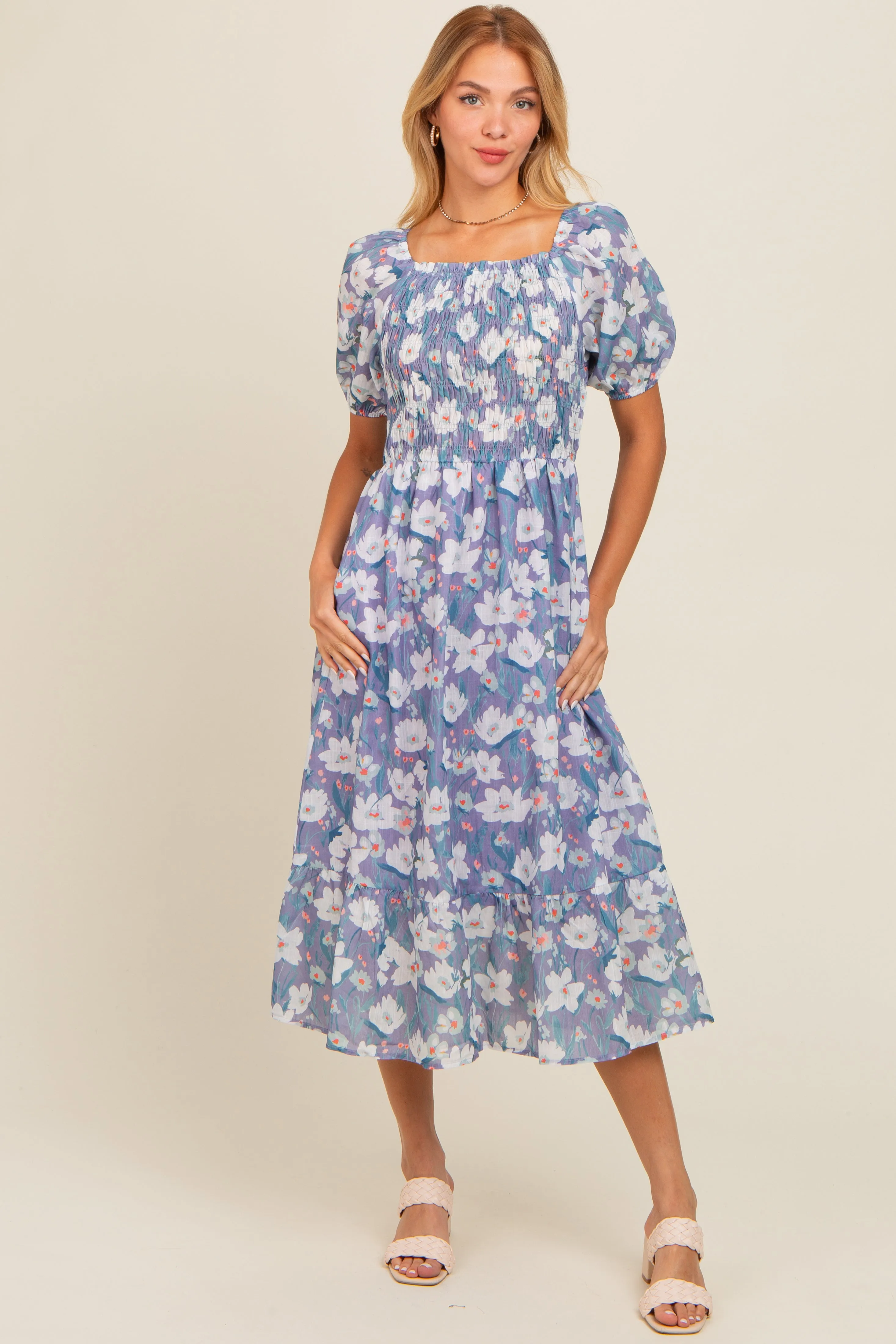 Periwinkle Floral Smocked Maternity Midi Dress sold by Pinkblush product image thumbnail 5