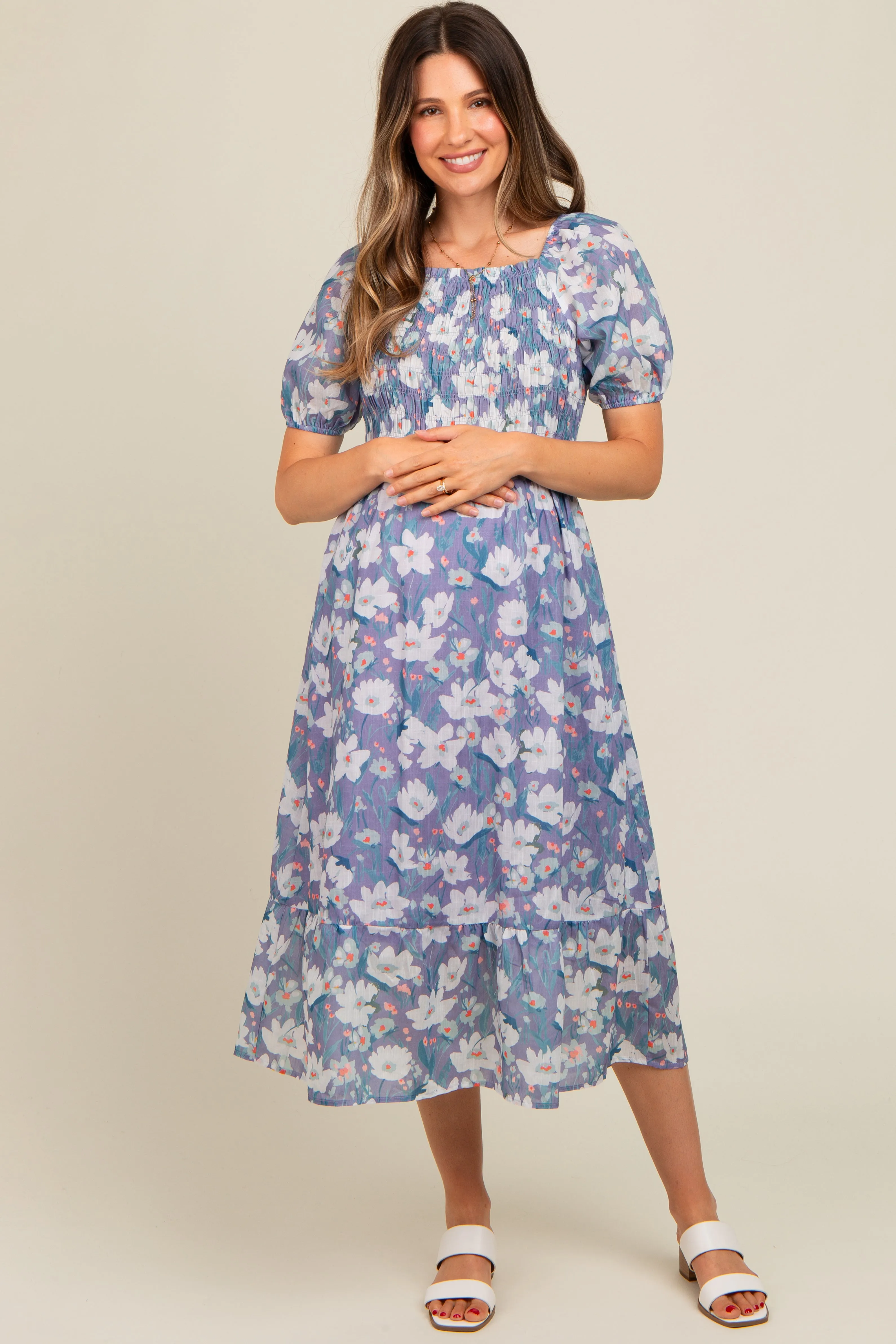Periwinkle Floral Smocked Maternity Midi Dress sold by Pinkblush product image thumbnail 2