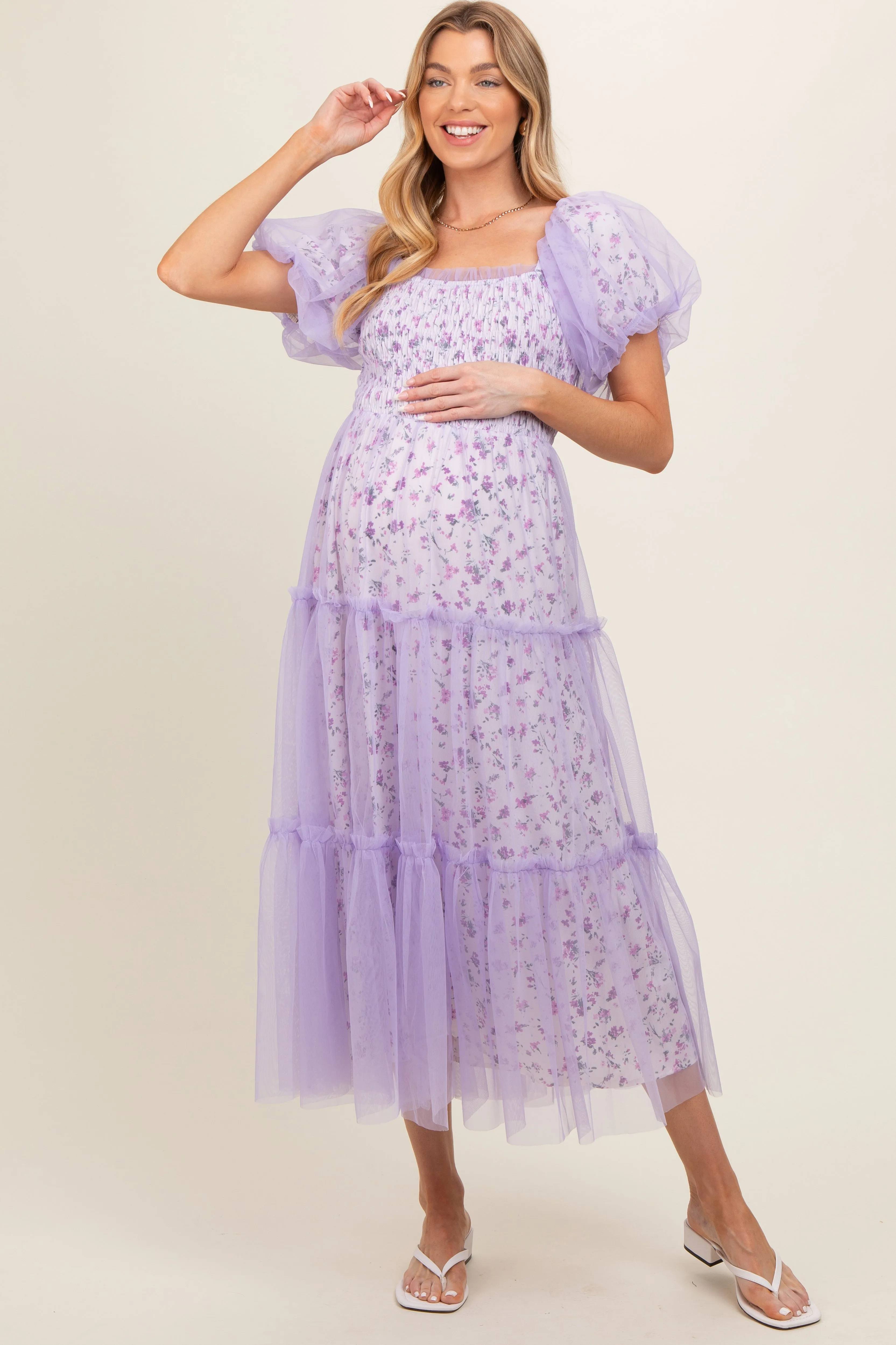 Lavender Floral Lined Smocked Tulle Maternity Midi Dress sold by Pinkblush product image thumbnail 2