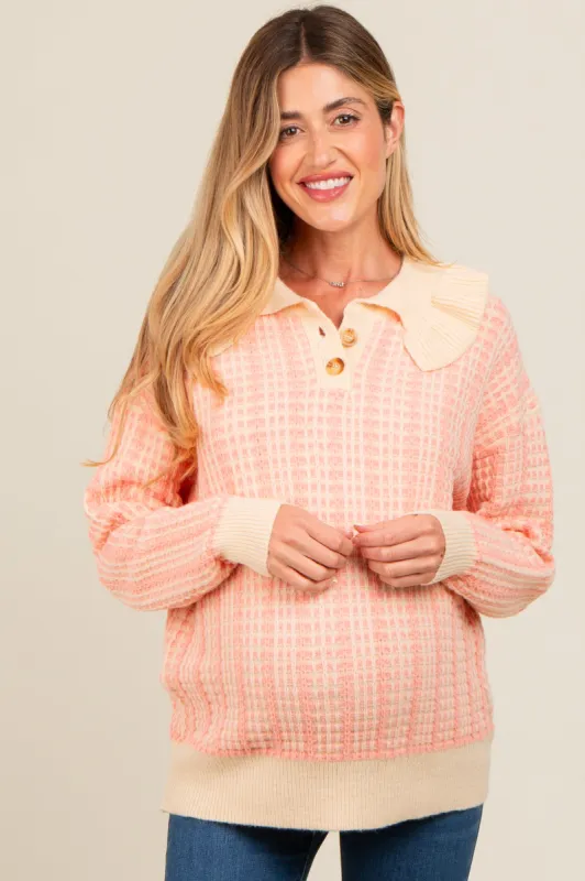 Salmon Ruffle Collar Button Up Waffle Knit Maternity Sweater sold by Pinkblush