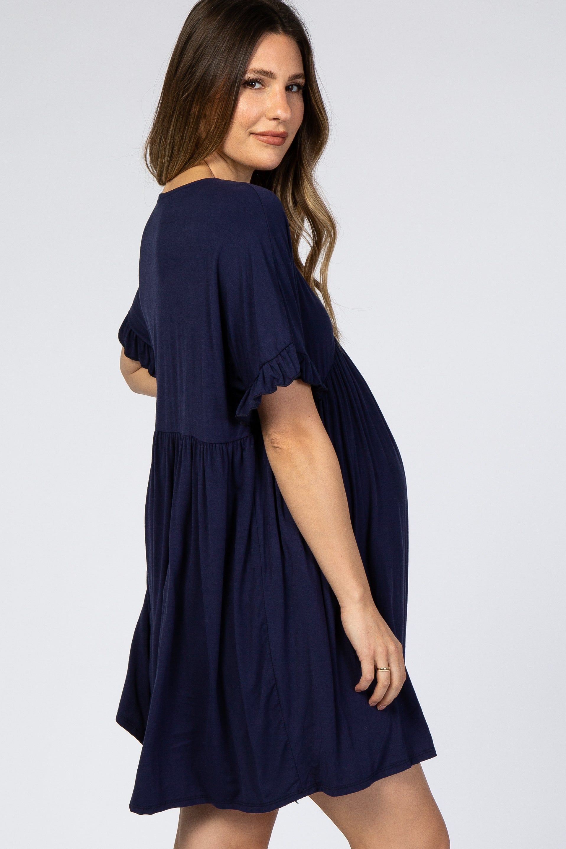 Navy Ruffle Sleeve Baby Doll Maternity Dress sold by Pinkblush product image thumbnail 2