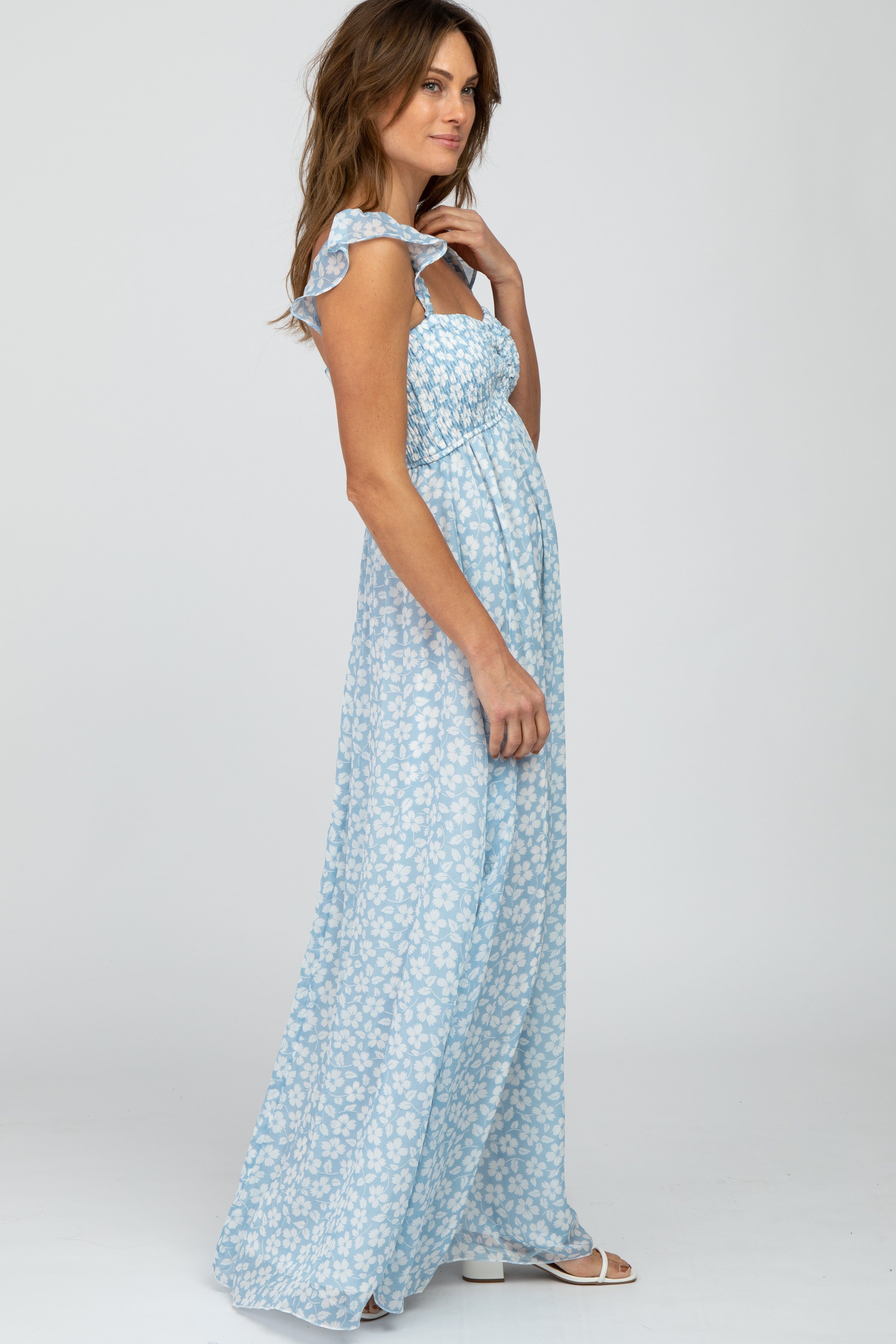 Light Blue Floral Chiffon Sweetheart Neck Off Shoulder Maxi Dress sold by Pinkblush product image thumbnail 2