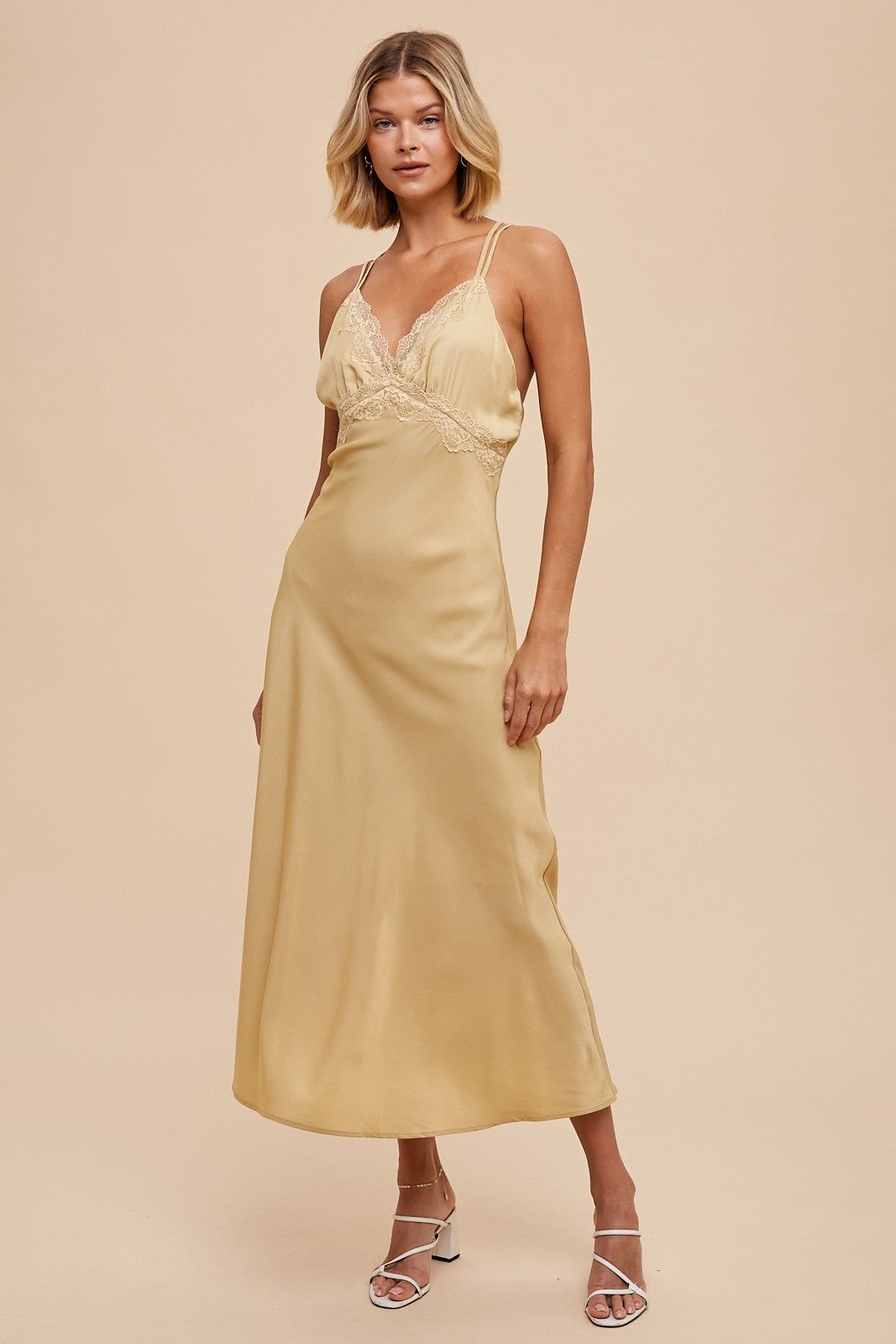 Yellow Matte Satin Lace Slip Dress sold by Pinkblush