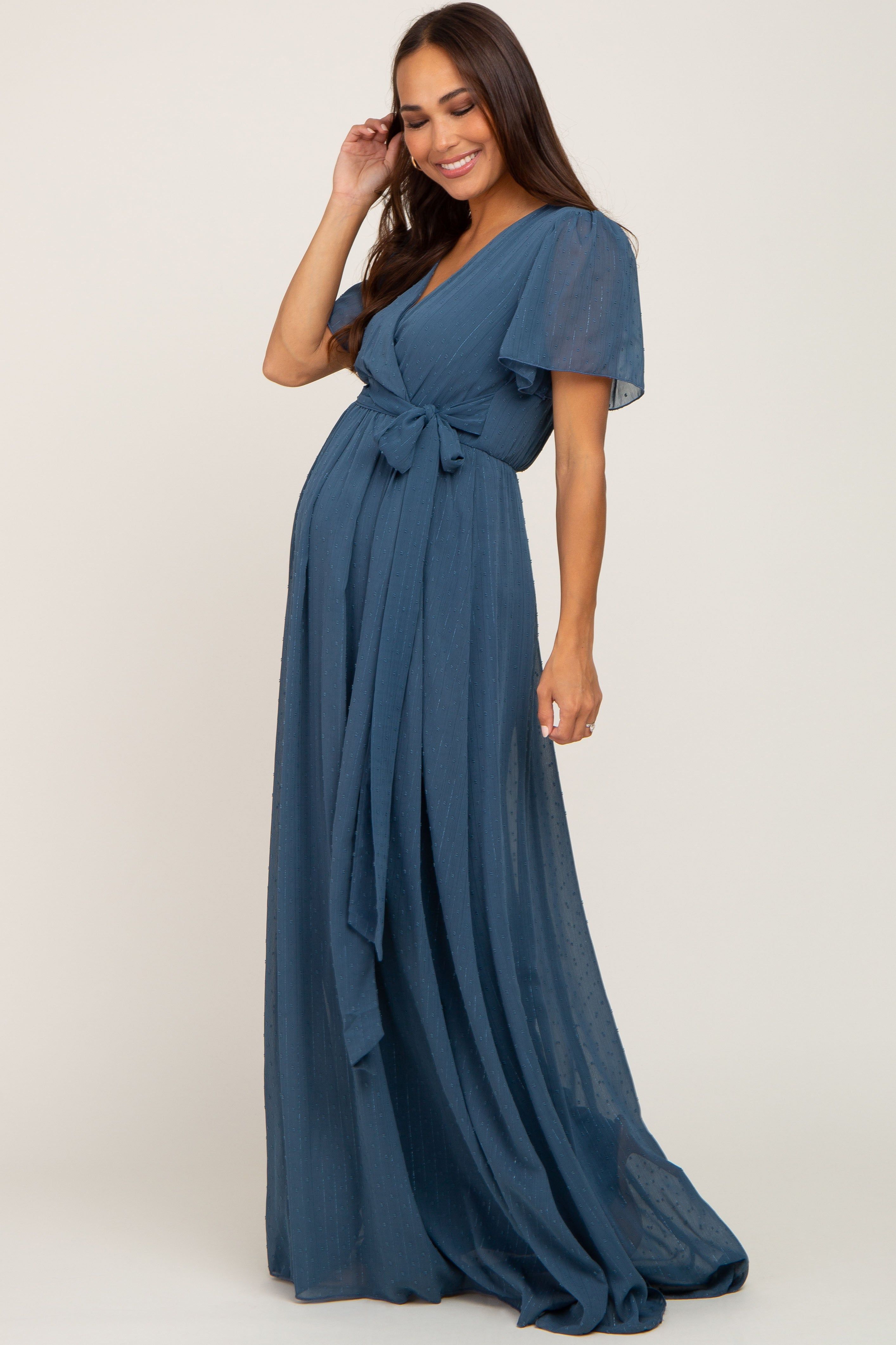 Teal Swiss Dot Chiffon Maternity Maxi Dress sold by Pinkblush product image thumbnail 2