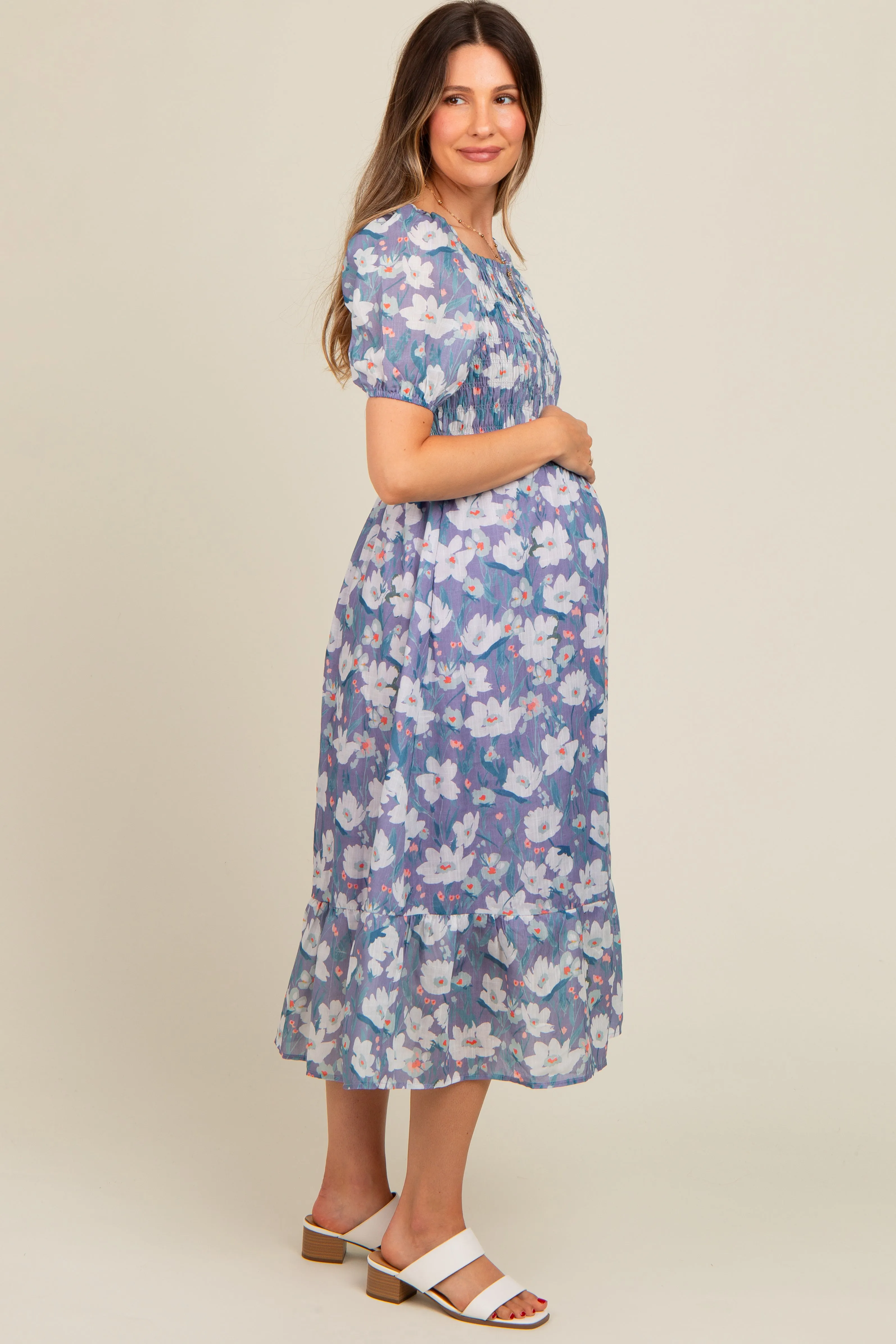 Periwinkle Floral Smocked Maternity Midi Dress sold by Pinkblush product image thumbnail 3