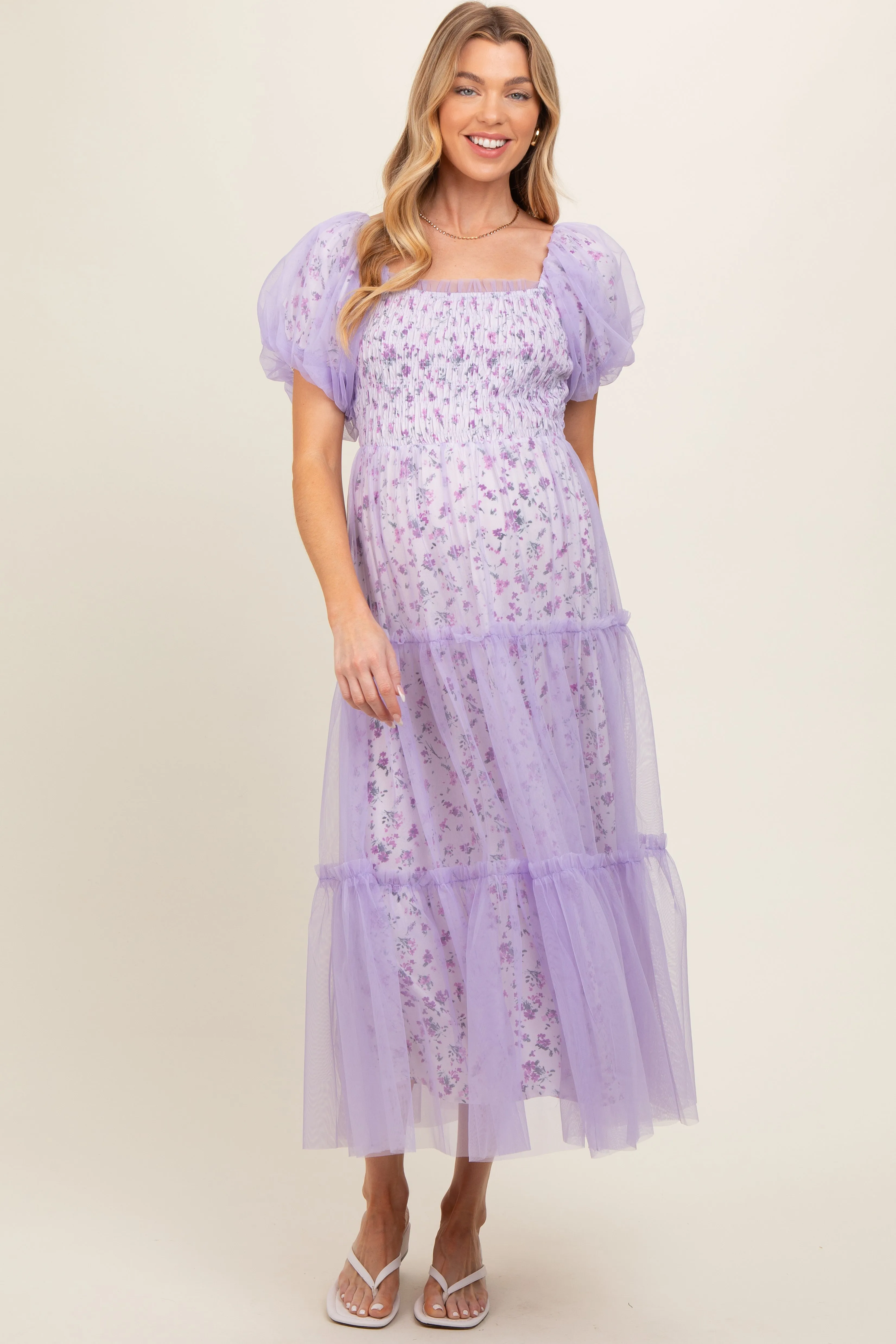 Lavender Floral Lined Smocked Tulle Maternity Midi Dress sold by Pinkblush product image thumbnail 3