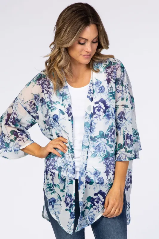 PinkBlush Ivory Blue Floral Chiffon Bell Sleeve Cover Up sold by Pinkblush