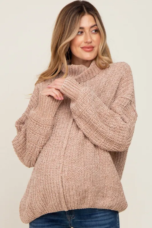 Taupe Soft Chenille Turtle Neck Maternity Sweater sold by Pinkblush