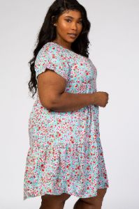 Aqua Floral Pleated Tier Babydoll Plus Dress sold by Pinkblush