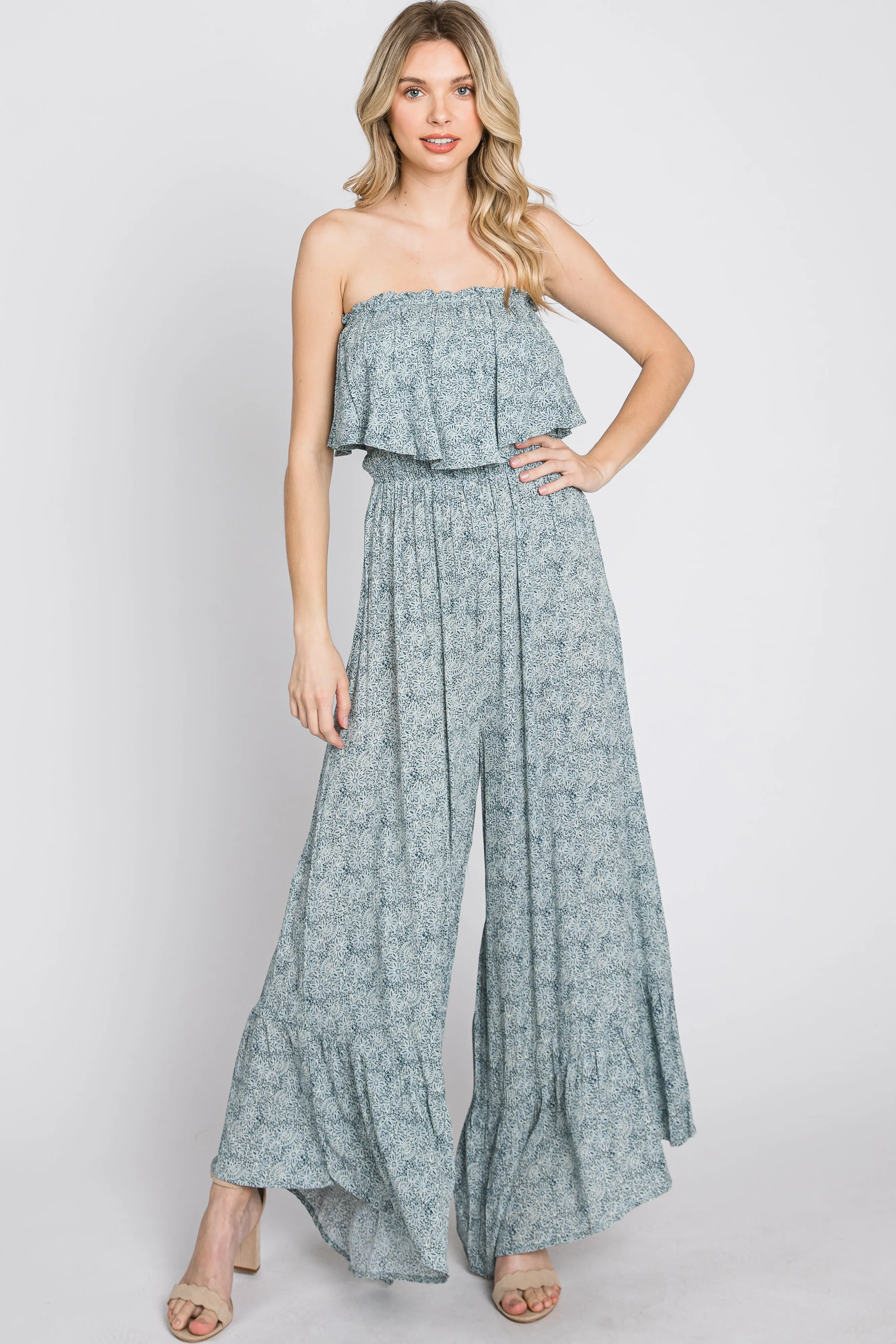Blue Floral Strapless Ruffle Hem Jumpsuit sold by Pinkblush product image thumbnail 4