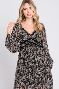 Black Floral Chiffon V-Neck Velvet Trim Maxi Dress sold by Pinkblush