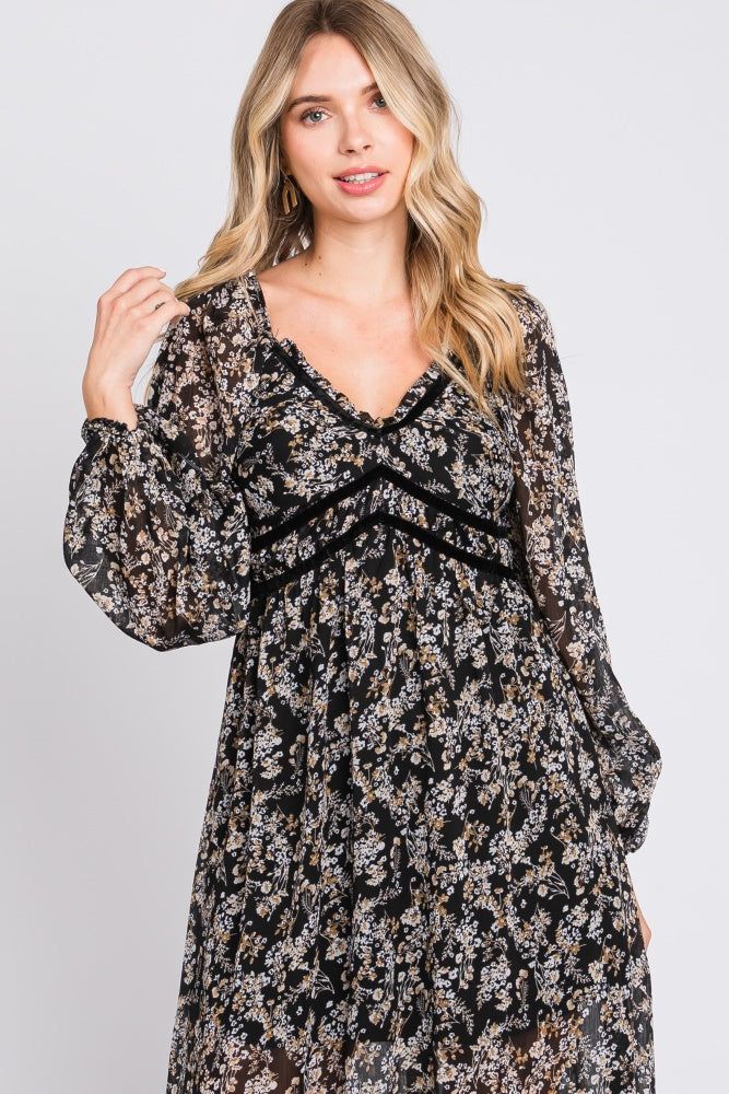 Black Floral Chiffon V-Neck Velvet Trim Maxi Dress sold by Pinkblush product image thumbnail 4