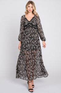 Black Floral Chiffon V-Neck Velvet Trim Maxi Dress sold by Pinkblush