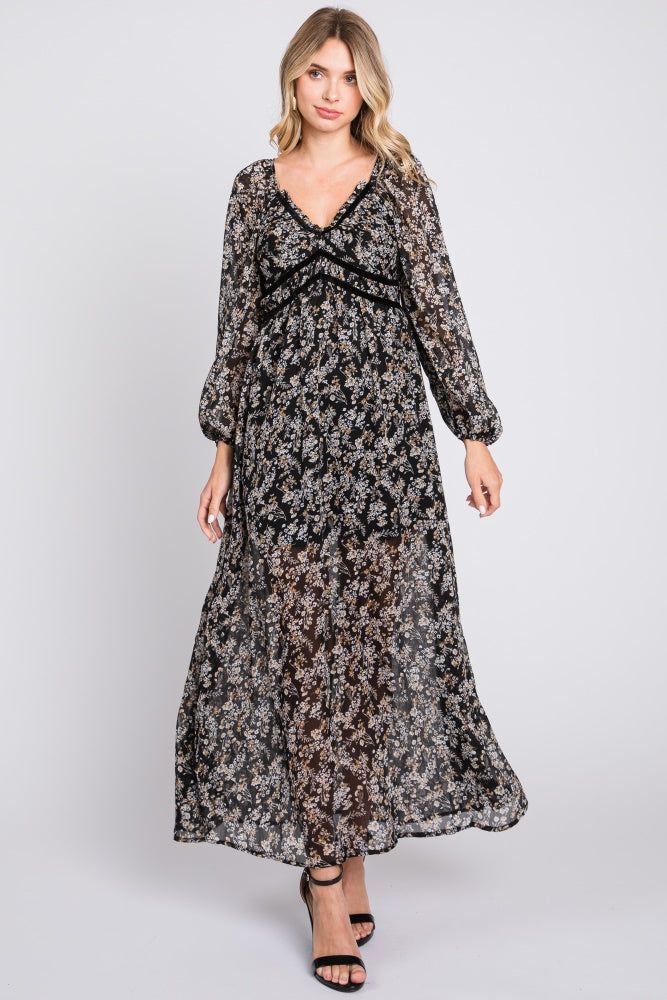 Black Floral Chiffon V-Neck Velvet Trim Maxi Dress sold by Pinkblush