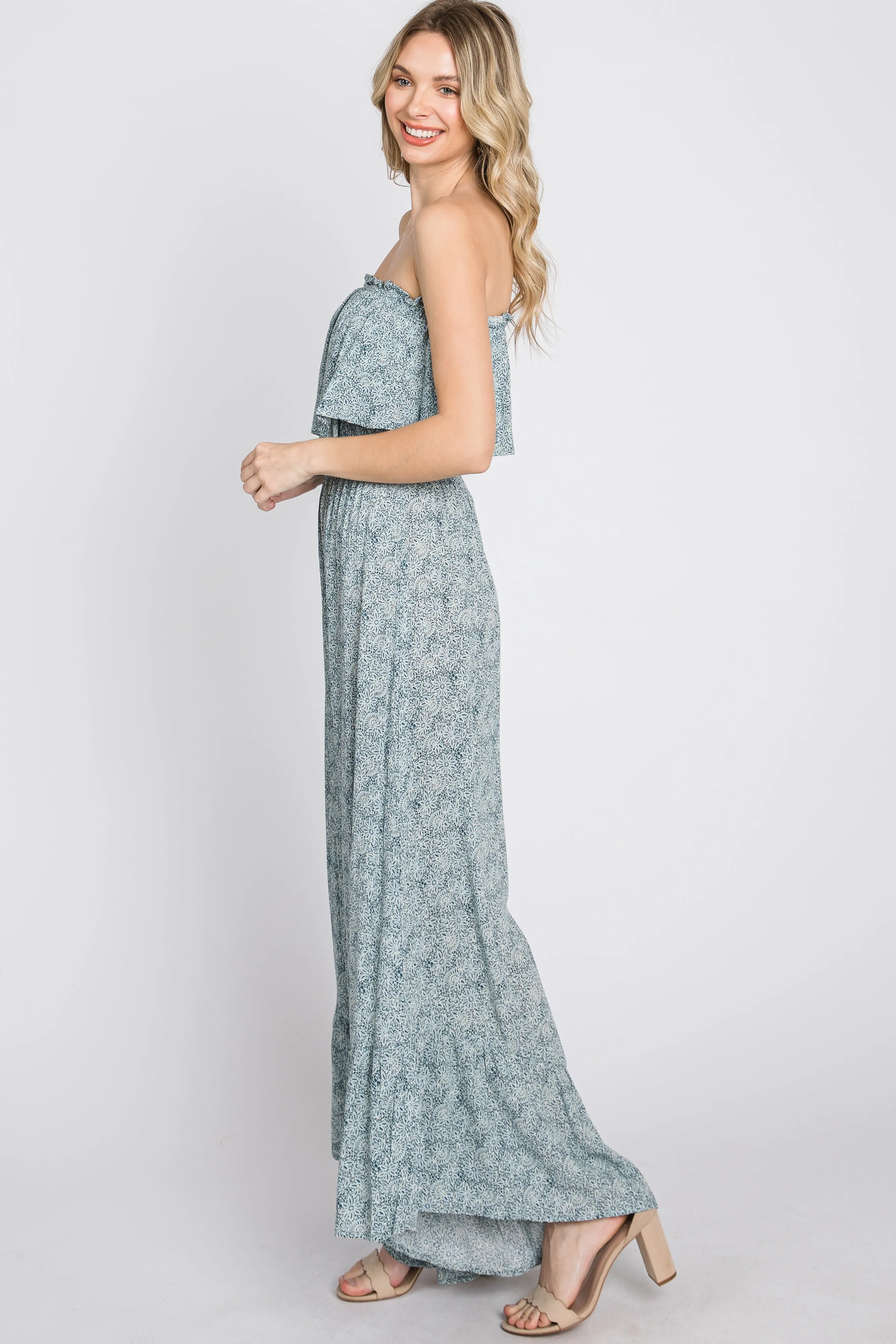 Blue Floral Strapless Ruffle Hem Jumpsuit sold by Pinkblush product image thumbnail 5