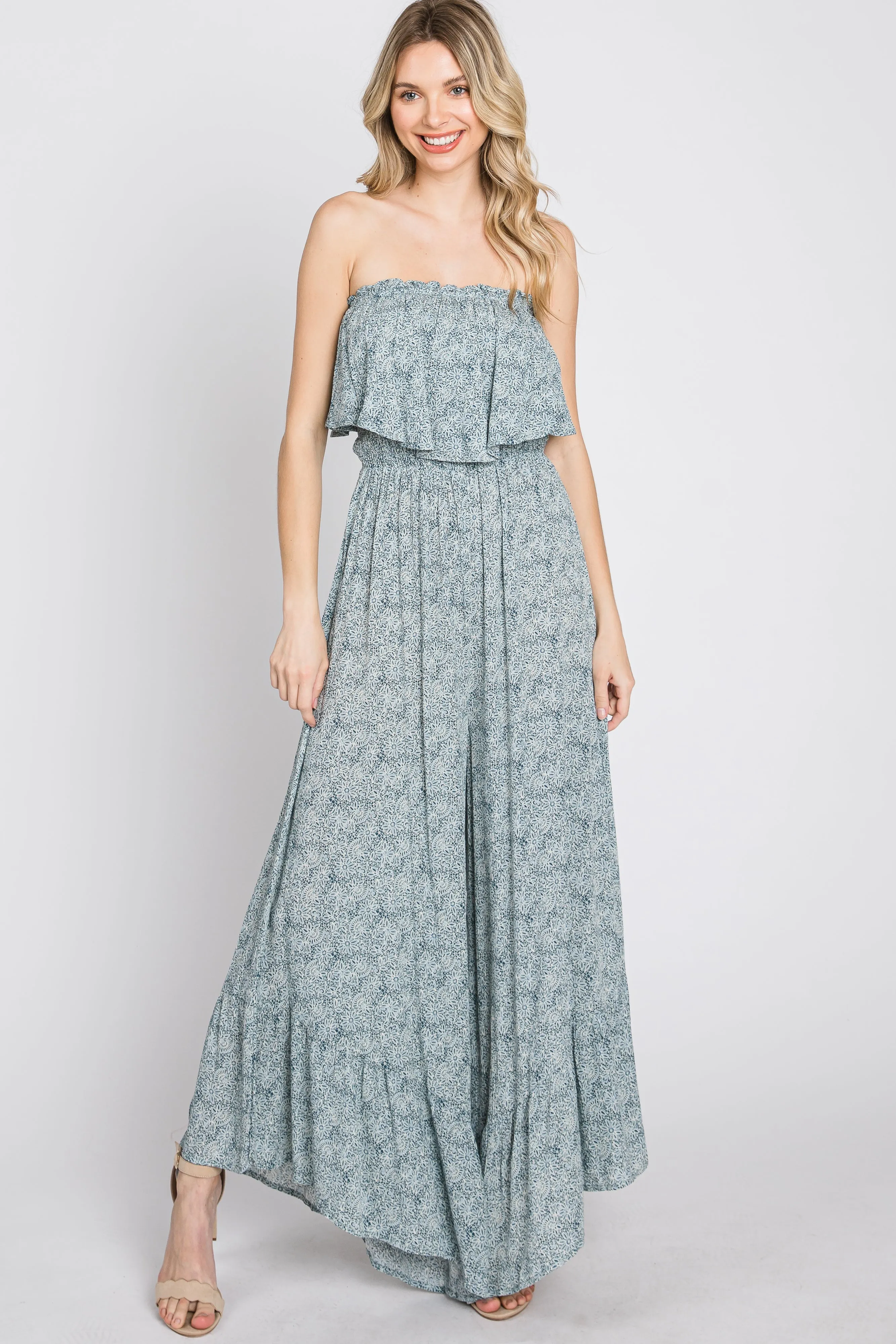 Blue Floral Strapless Ruffle Hem Jumpsuit sold by Pinkblush product image thumbnail 2