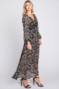 Black Floral Chiffon V-Neck Velvet Trim Maxi Dress sold by Pinkblush