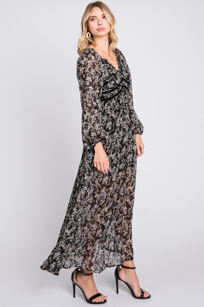 Black Floral Chiffon V-Neck Velvet Trim Maxi Dress sold by Pinkblush product image thumbnail 2