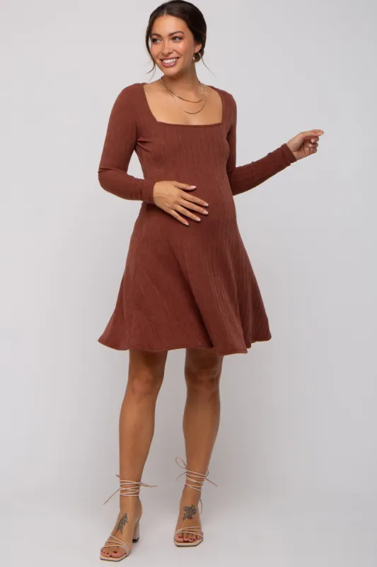 Brown Square Neck Long Sleeve Maternity Dress sold by Pinkblush