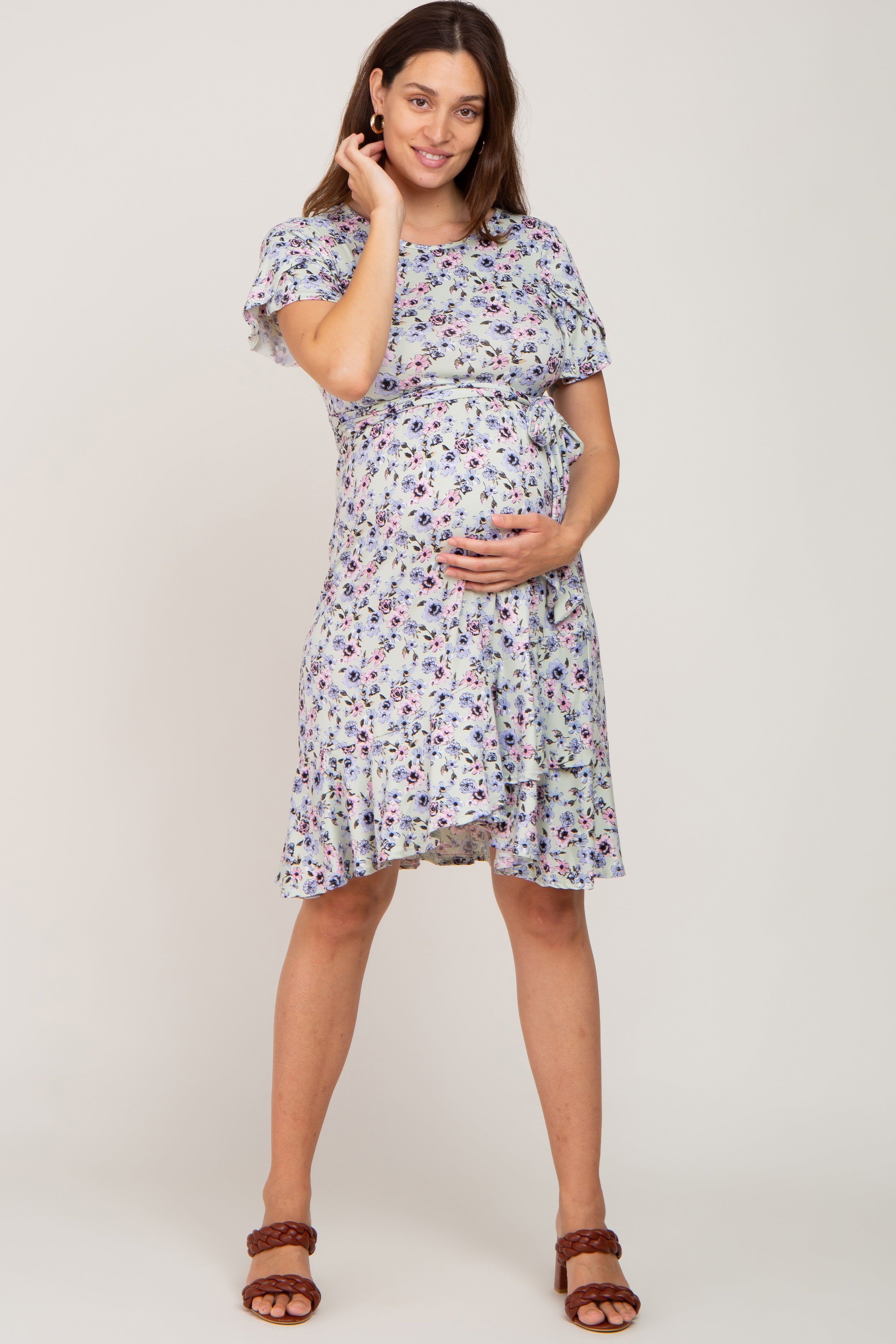 Light Olive Floral Ruffle Maternity Dress sold by Pinkblush