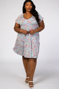 Aqua Floral Pleated Tier Babydoll Plus Dress sold by Pinkblush