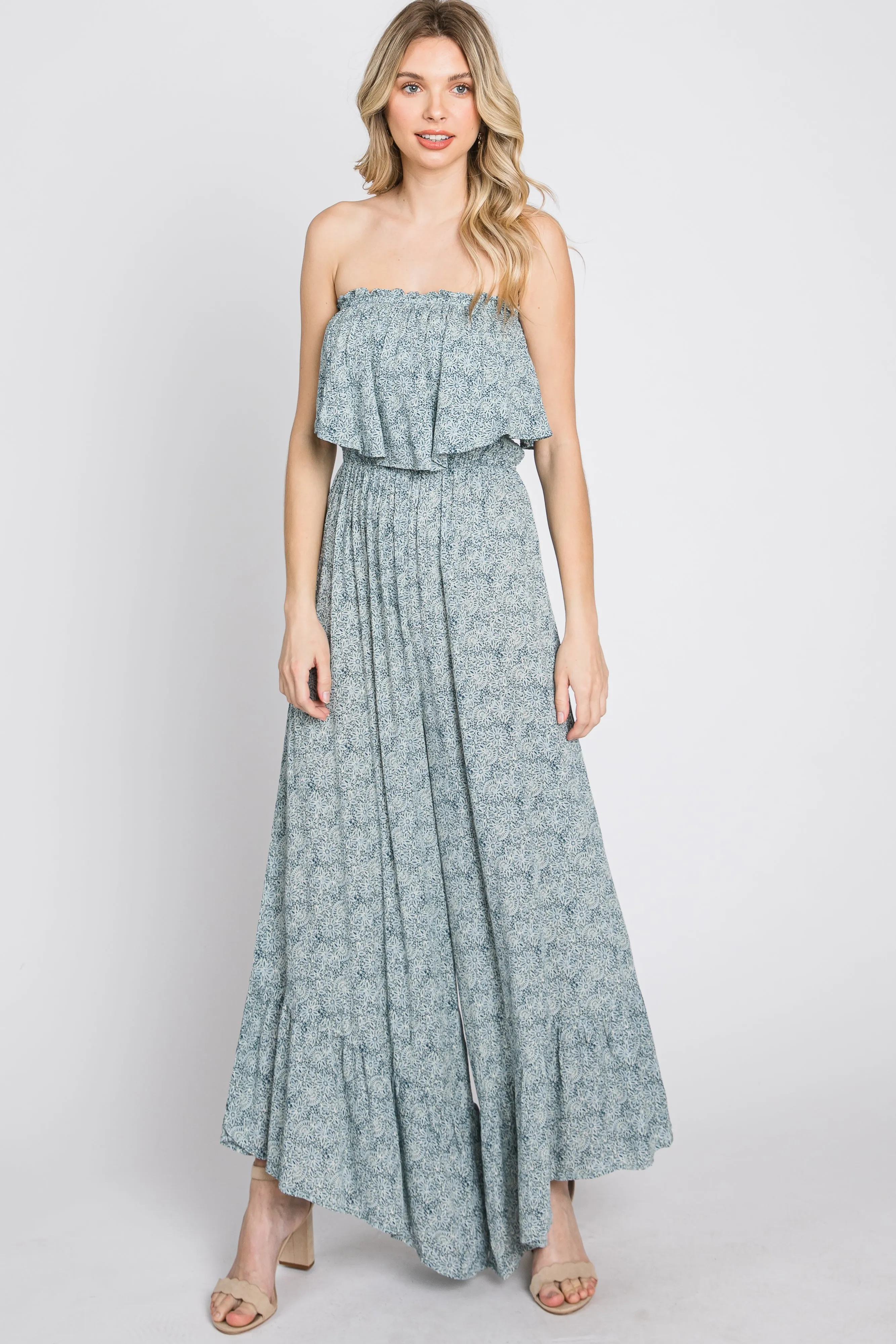 Blue Floral Strapless Ruffle Hem Jumpsuit sold by Pinkblush product image thumbnail 3