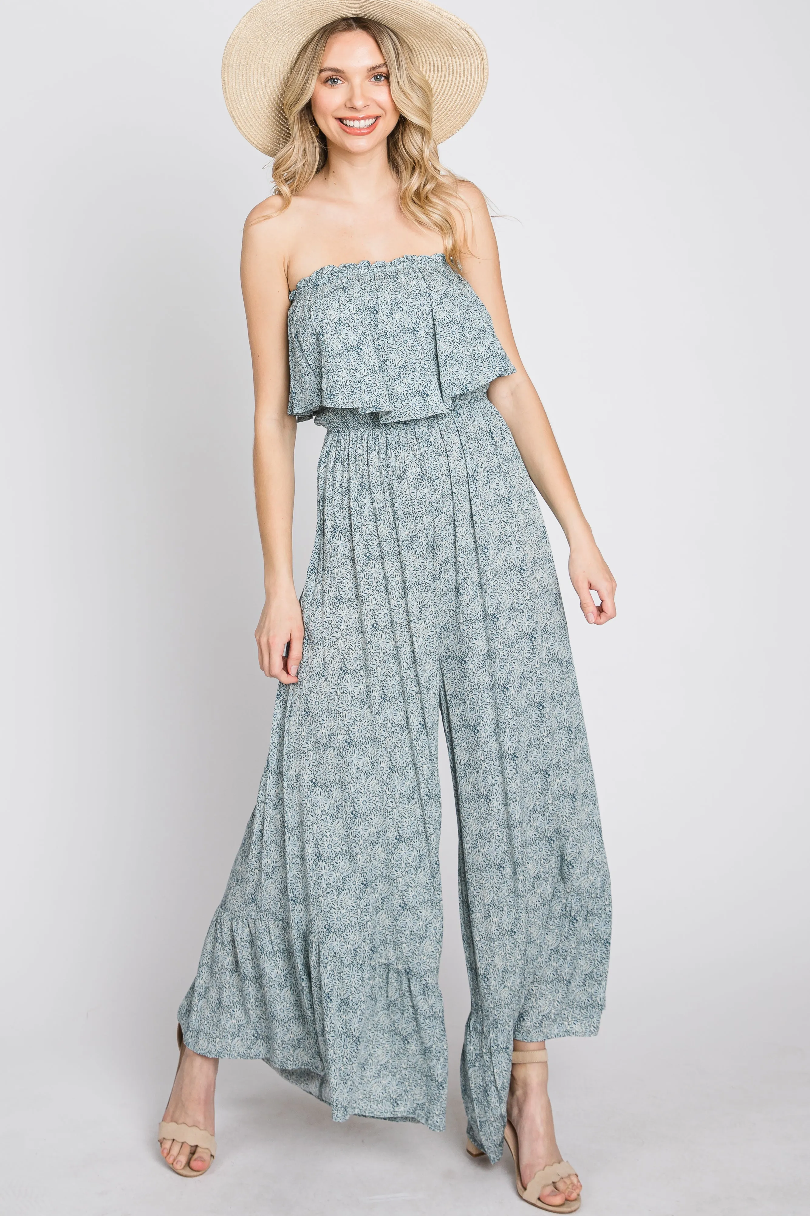 Blue Floral Strapless Ruffle Hem Jumpsuit sold by Pinkblush