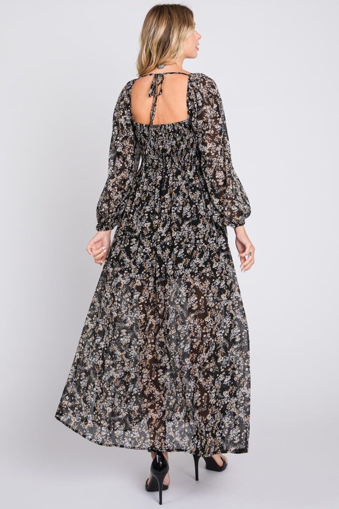 Black Floral Chiffon V-Neck Velvet Trim Maxi Dress sold by Pinkblush product image thumbnail 3