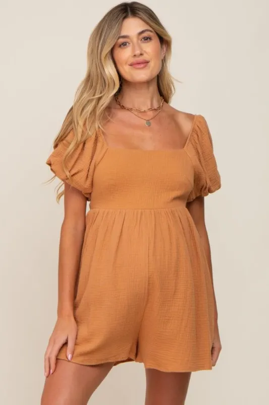 Camel Puff Sleeve Maternity Romper sold by Pinkblush