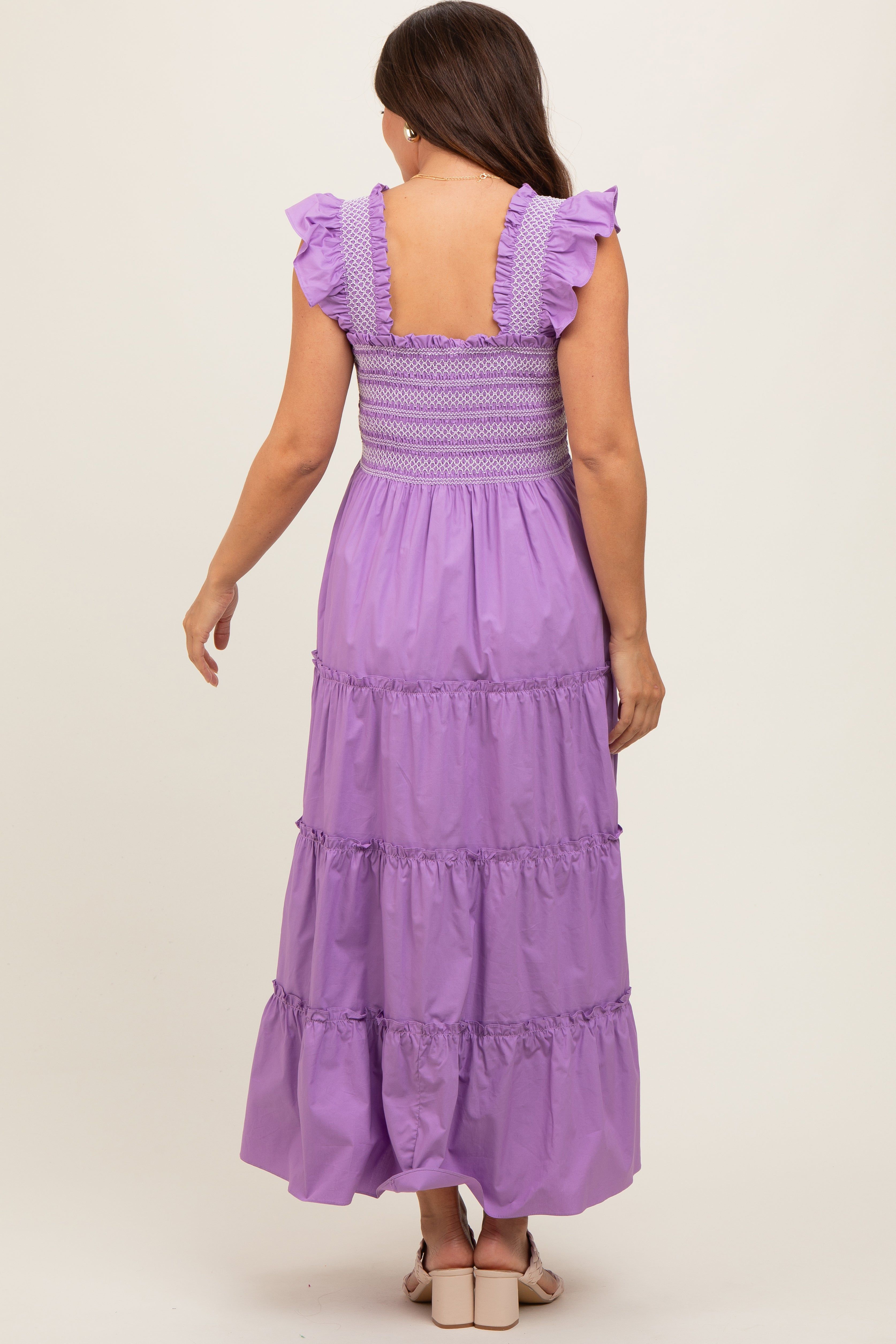 Lavender Embroidered Smocked Maternity Midi Dress sold by Pinkblush product image thumbnail 3