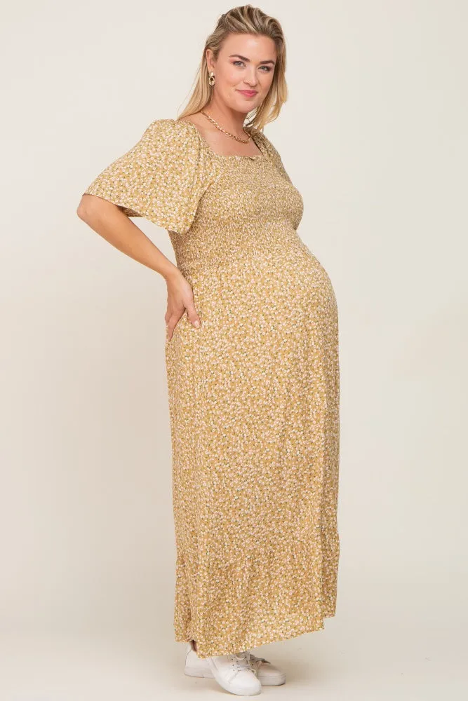 Yellow Floral Smocked Flounce Sleeve Maternity Plus Maxi Dress sold by Pinkblush product image thumbnail 2
