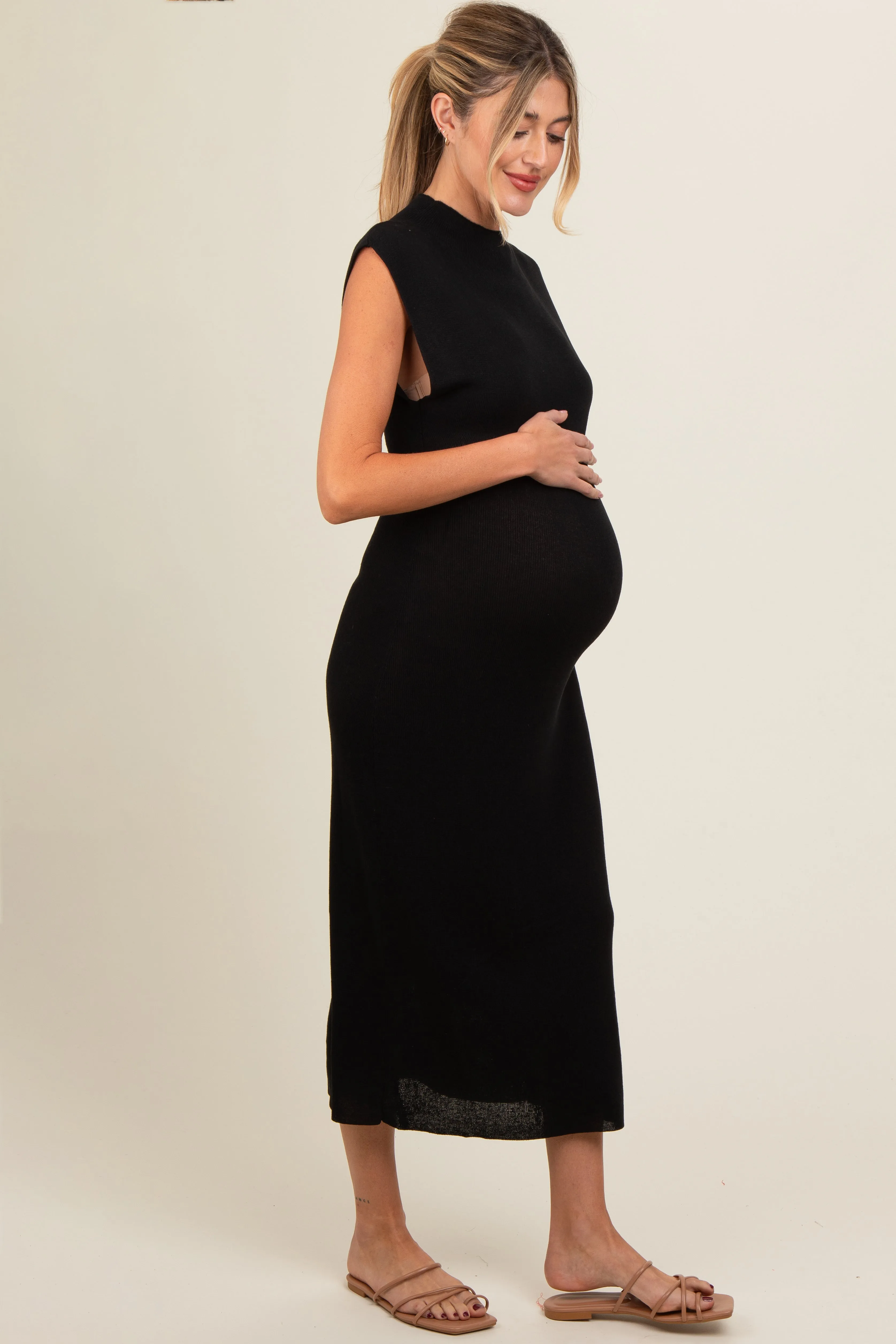 Black Knit Mock Neck Maternity Midi Dress sold by Pinkblush product image thumbnail 3