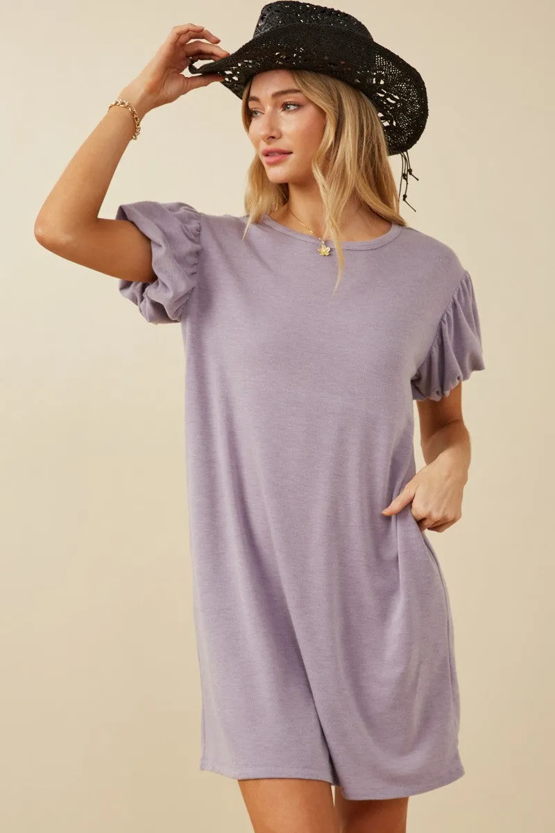 Lavender Gathered Puff Sleeve Terry Knit Dress sold by Pinkblush