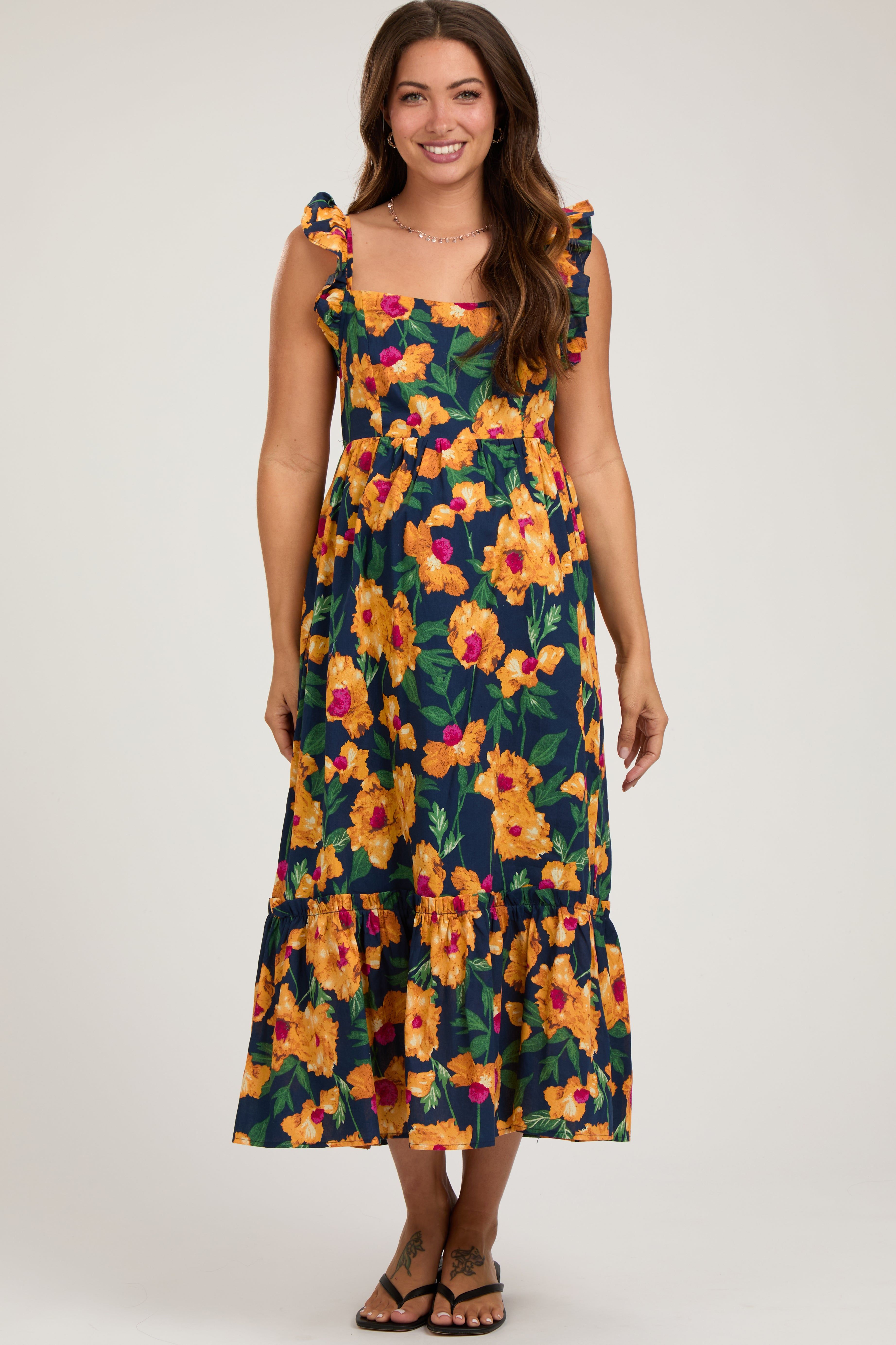 Navy Blue Floral Square Neck Ruffle Shoulder Maternity Midi Dress sold by Pinkblush