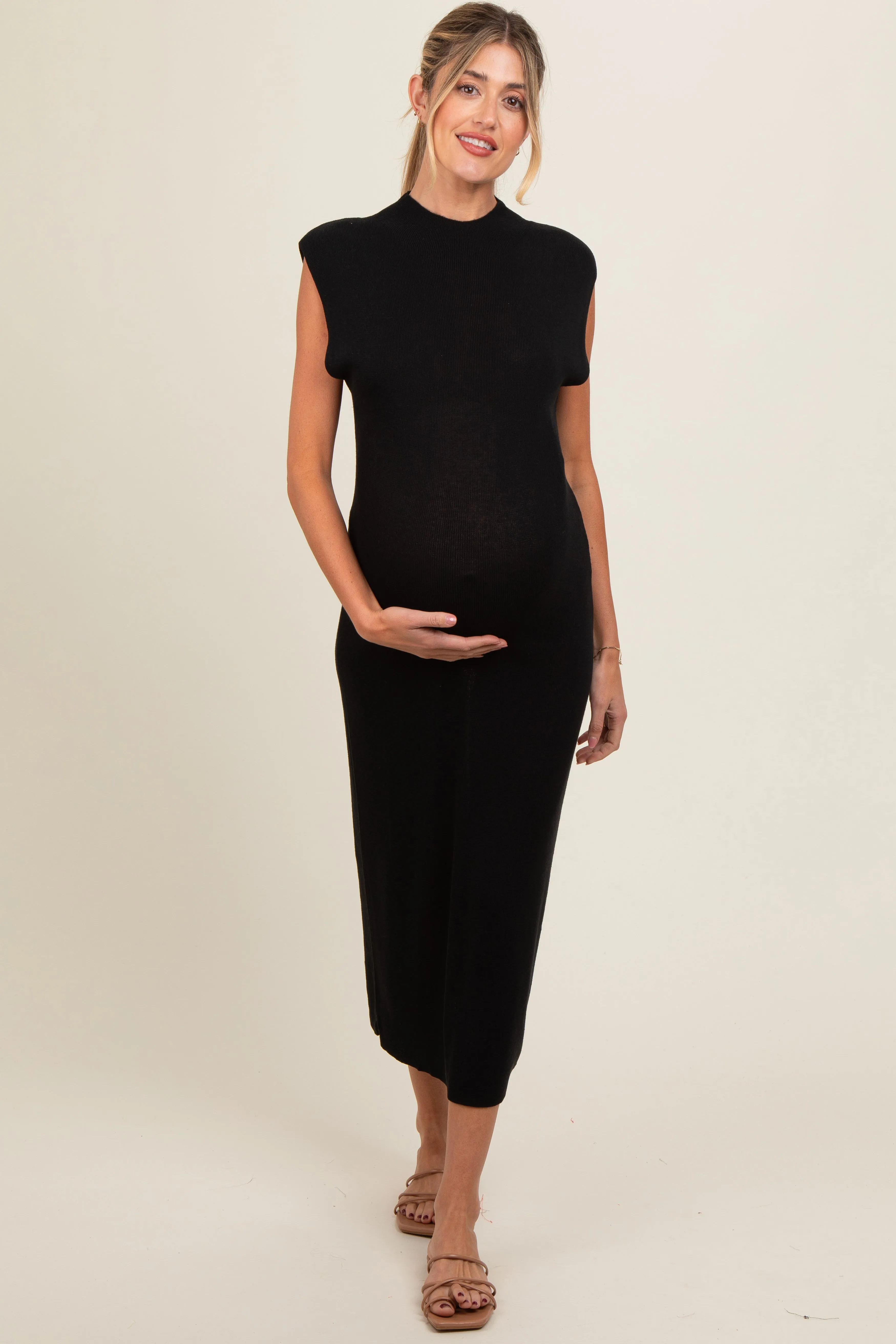 Black Knit Mock Neck Maternity Midi Dress sold by Pinkblush
