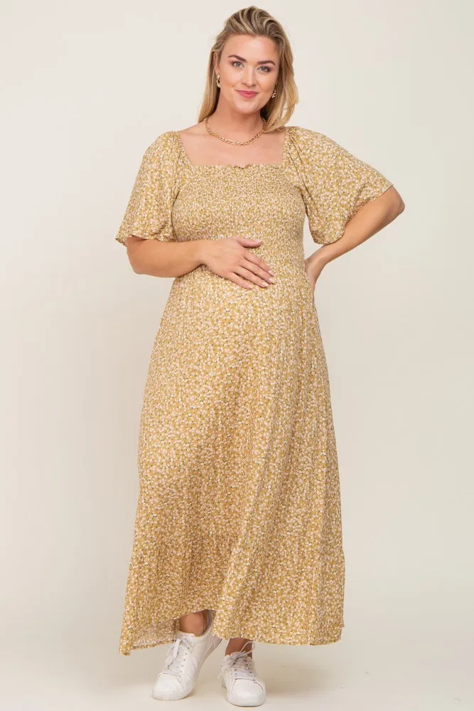 Yellow Floral Smocked Flounce Sleeve Maternity Plus Maxi Dress sold by Pinkblush product image thumbnail 4