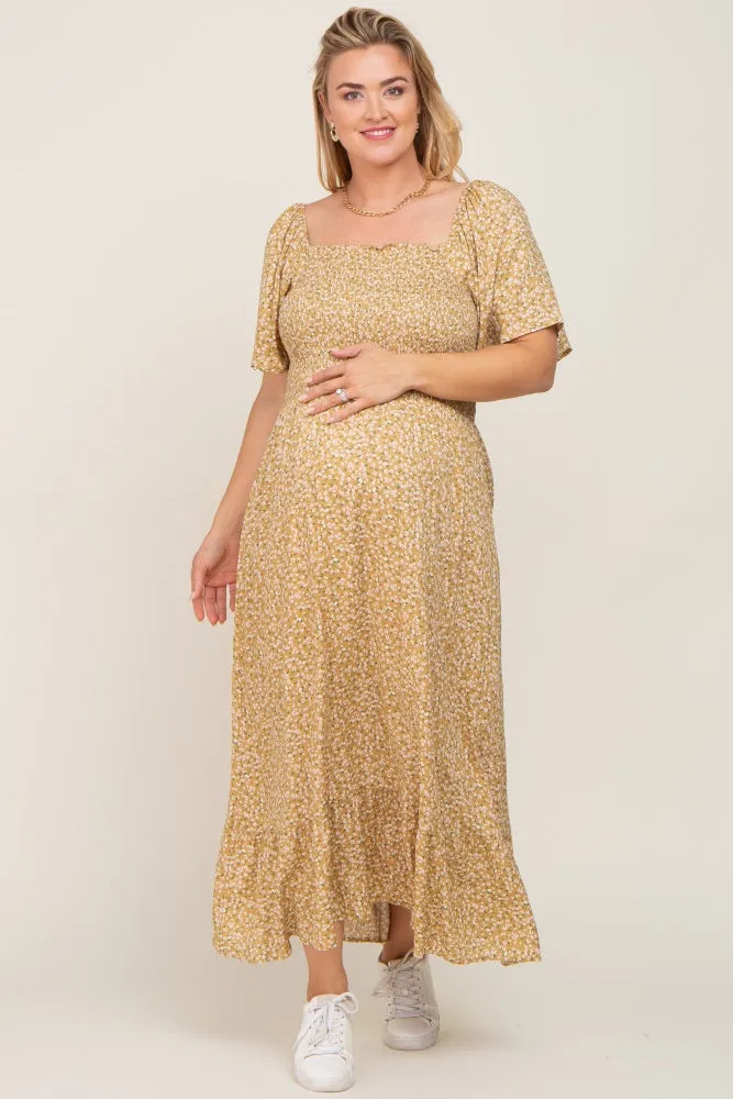 Yellow Floral Smocked Flounce Sleeve Maternity Plus Maxi Dress sold by Pinkblush