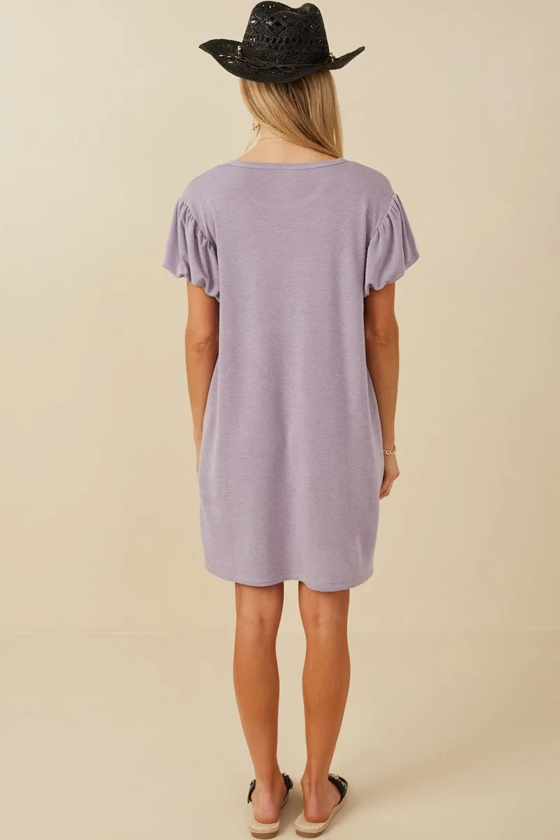 Lavender Gathered Puff Sleeve Terry Knit Dress sold by Pinkblush product image thumbnail 3